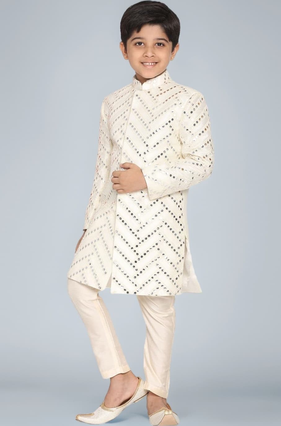 VASTRAMAY Boys' Silk Blend Indowestern Sherwani Set with Mirror Work and Pant Style Pyjama