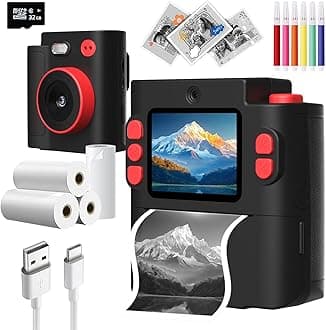 Wembley Kids Camera Instant Print | Birthday Gift Toys for Boys & Girls 3–10 Years | Unicorn Digital Dual Lens Toddler Camera Thermal Printer | 48MP 1080P Selfie & Video | 16X Zoom 32GB SD Card -Black