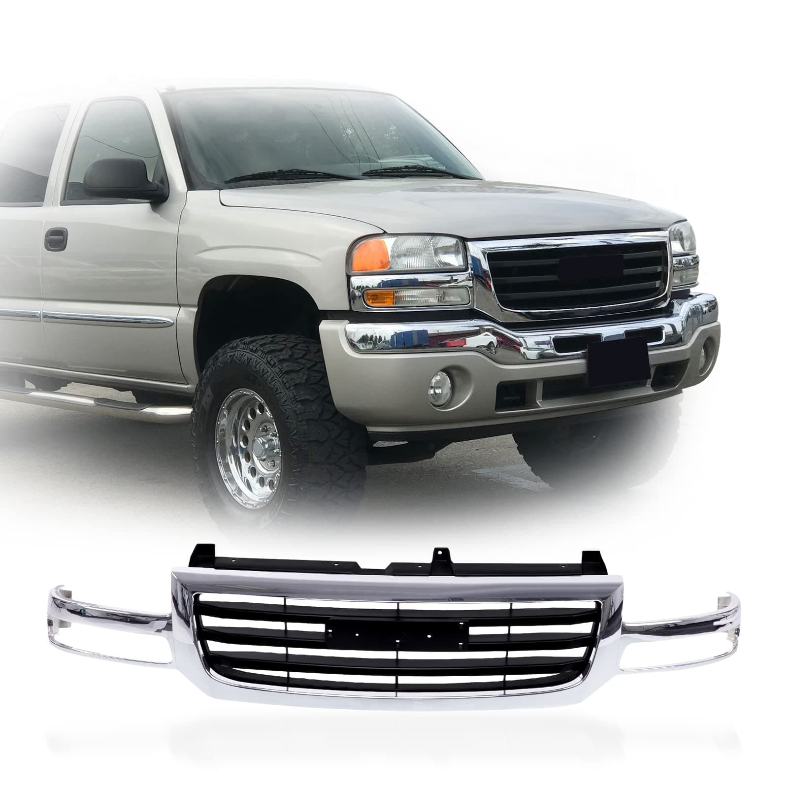 Front Grille Chrome Shell Grill Black Insert Compatible With 2003-2007 GMC SIERRA 1500 2500 19130791 GM1200475