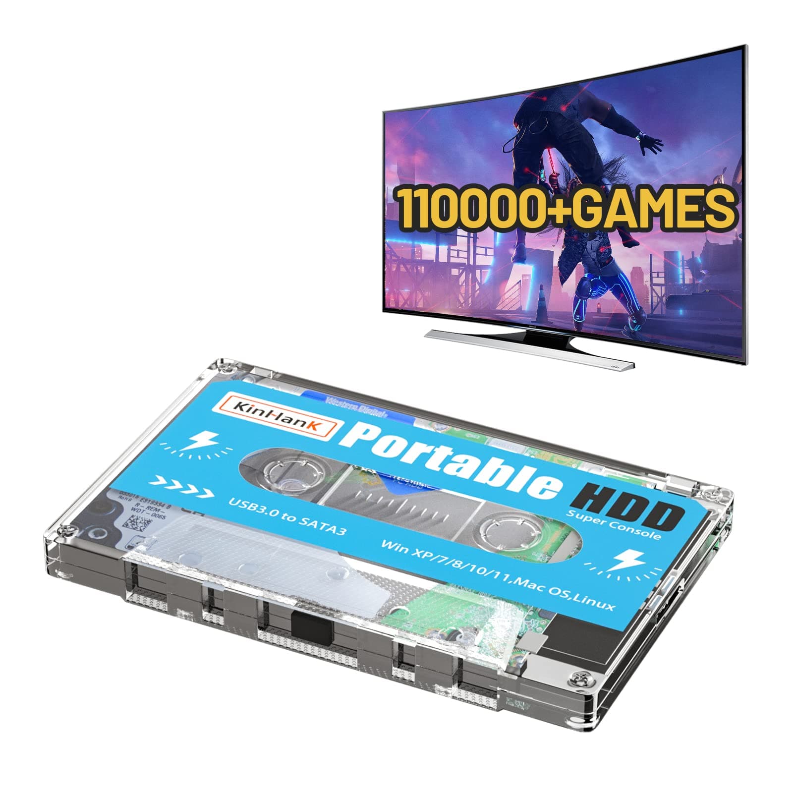 Kinhank 500G HDD Portable Game Drive Built-in 110,000+ Games, Batocera 33 Game System Compatible with 90+ Emulators,Plug and Play,USB3.0,Support for Windows/Laptop/PC