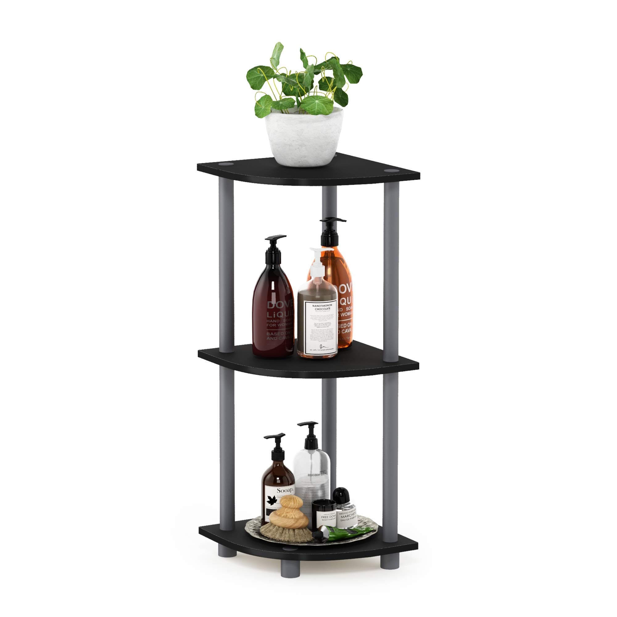 Furinno TURN-N-TUBE Corner Shelf, 3-Tier Corner Bookshelf, Display Storage Shelves with Open Shelves, for Organization and Storage, Living Room, Home Office, Garage, Black