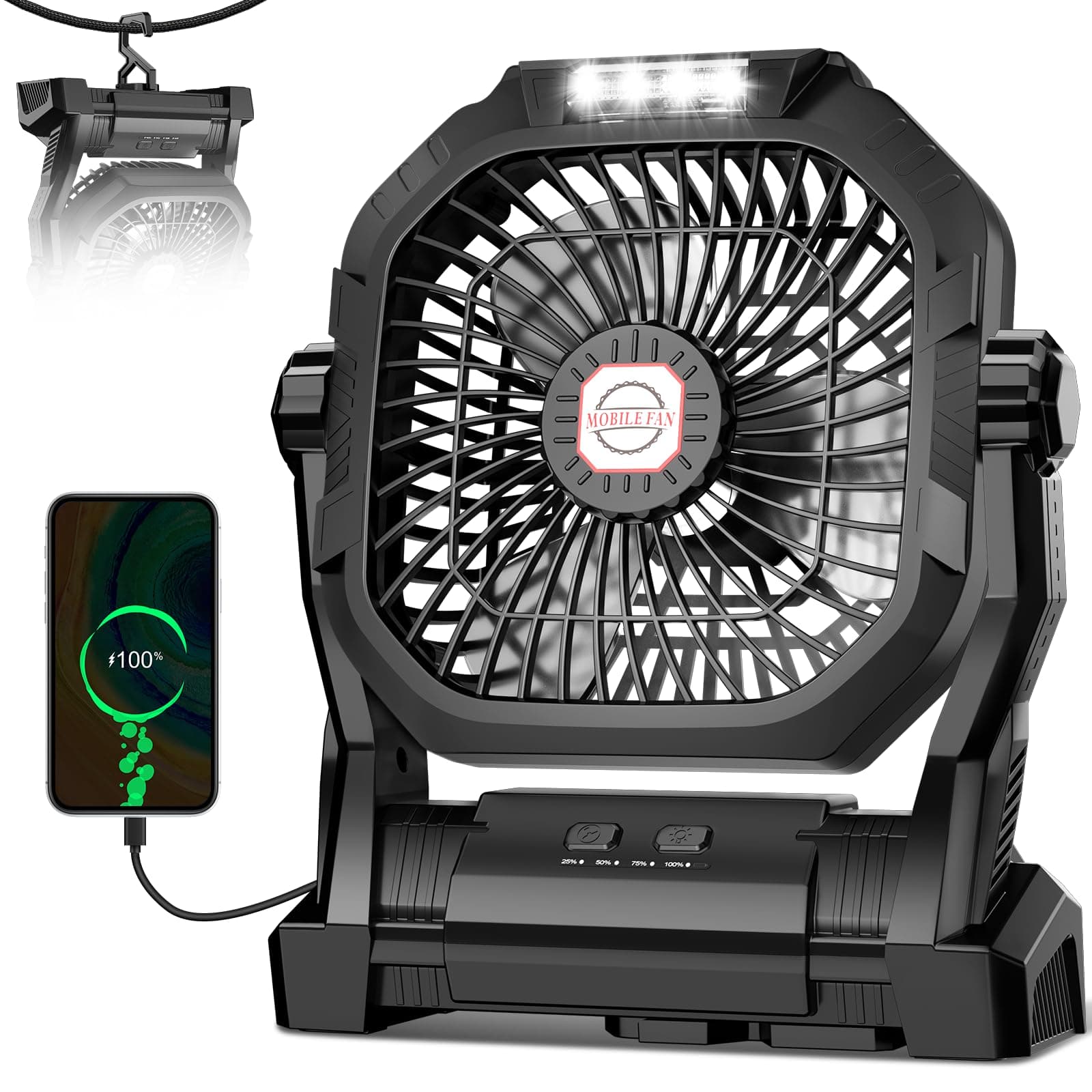 Camping Fan Rechargeable, 20000mAh Battery Powered Portable Fan with LED Light & Hook, 4-Speed 180° Adjustable, Camping Essentials for Tent, Travel, Car, Outdoor, Indoor, BBQ, Fishing, Jobsite