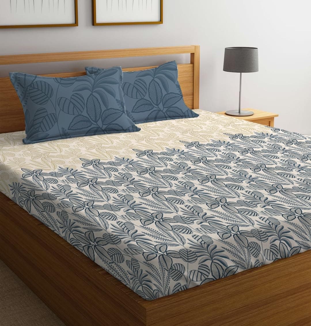 300 TC Microfiber XXL Soft Cotton Super King Size Printed Bedsheet For Double Bed, 108 Inches X 108 Inches, 9 Feet, 275 X 275 Cm With 2 Large Size Pillow Covers - Bluecocunut