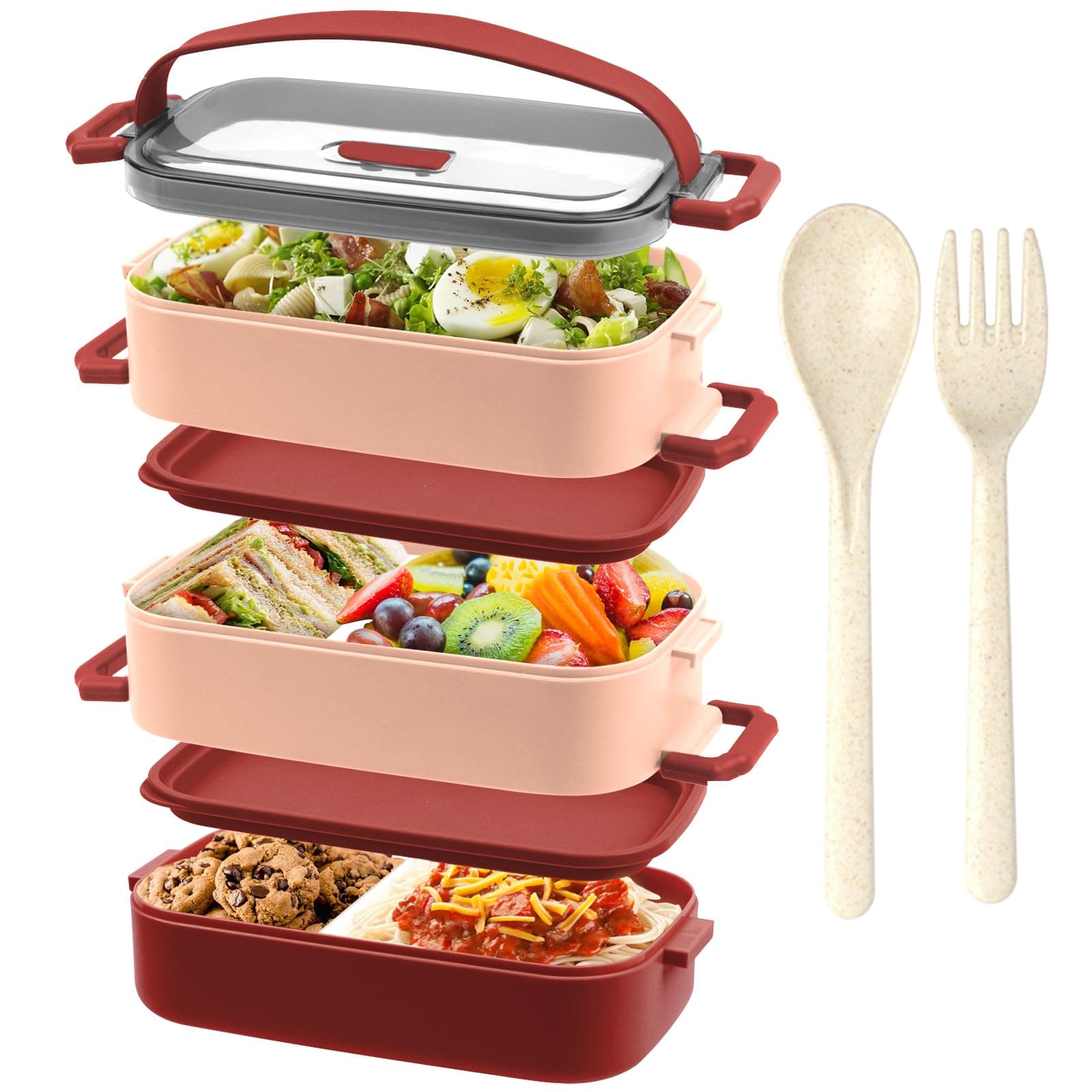 Lunch Box - Premium 3 Layer Bento Lunch Box for Adults Work - 2200ml Lunchbox with Cutlery and 3 Pcs Compartment Adjustable, Leak-Proof, BPA-Free, Microwaveable, 19.5 x 11.2 x 15cm, Red