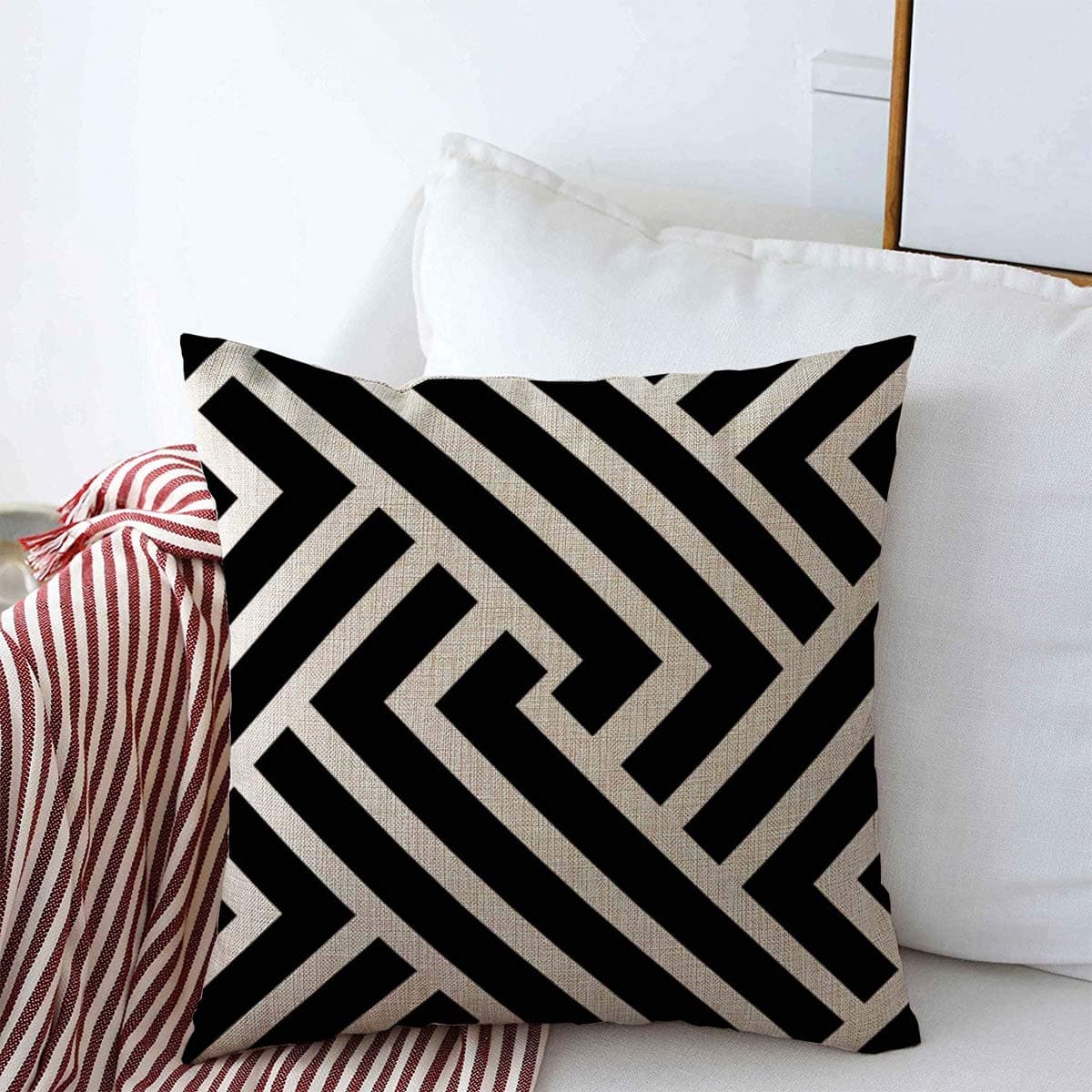 Decorative Square Throw Pillow Covers Geometric Chevron Pattern Stripes Black White Abstract Artistic Carpet Cushion Case for Sofa Bedroom Car 16 x 16 Inch