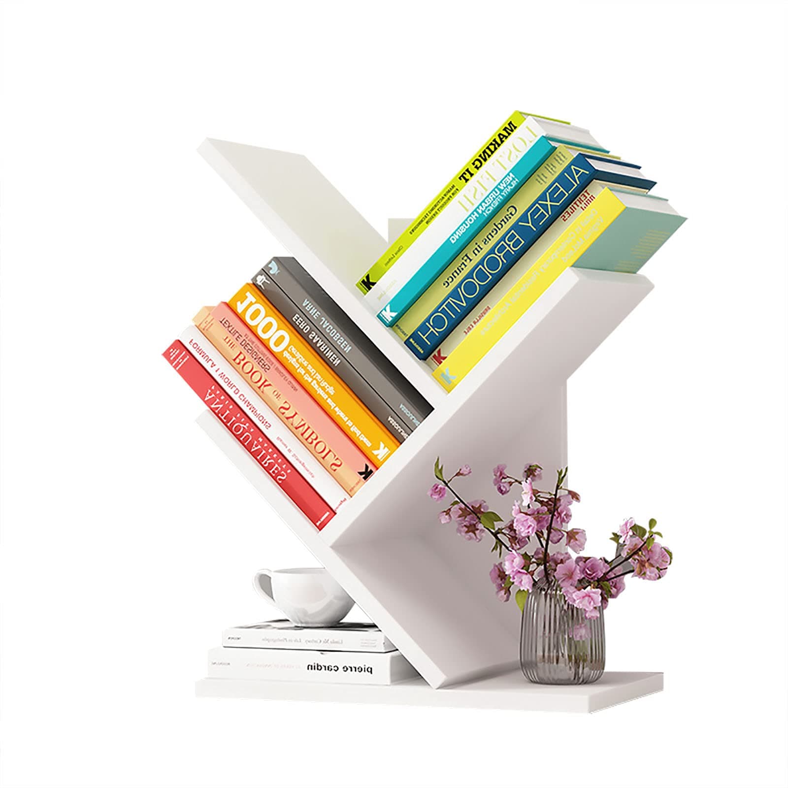 Tree Bookshelf，4-Layer Floor Standing Bookshelf，The Desktop Bookshelf Can Hold Books，Magazines, CDs and Photo Albums，Desktop Organizer，Office Storage Rack Real Wooden Bookshelf,White