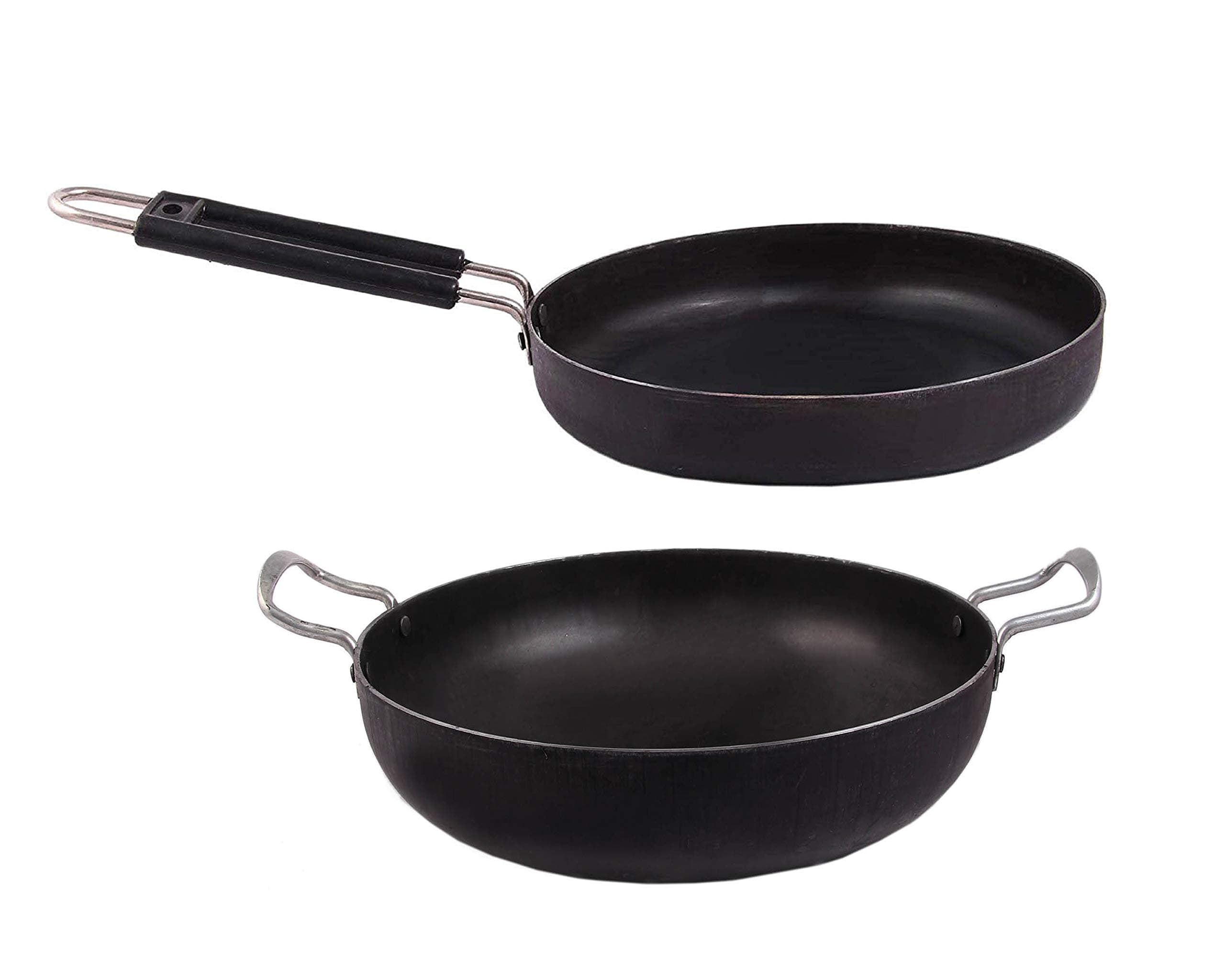 KITCHEN SHOPEE Traditional Iron Cookware Set Combo Kadai Cooking deep Multipurpose Use Kadhai With Handle 10 In 2.5 Liters 9 In Iron Fry pan 1.5 Liters Induction Friendly Black Color