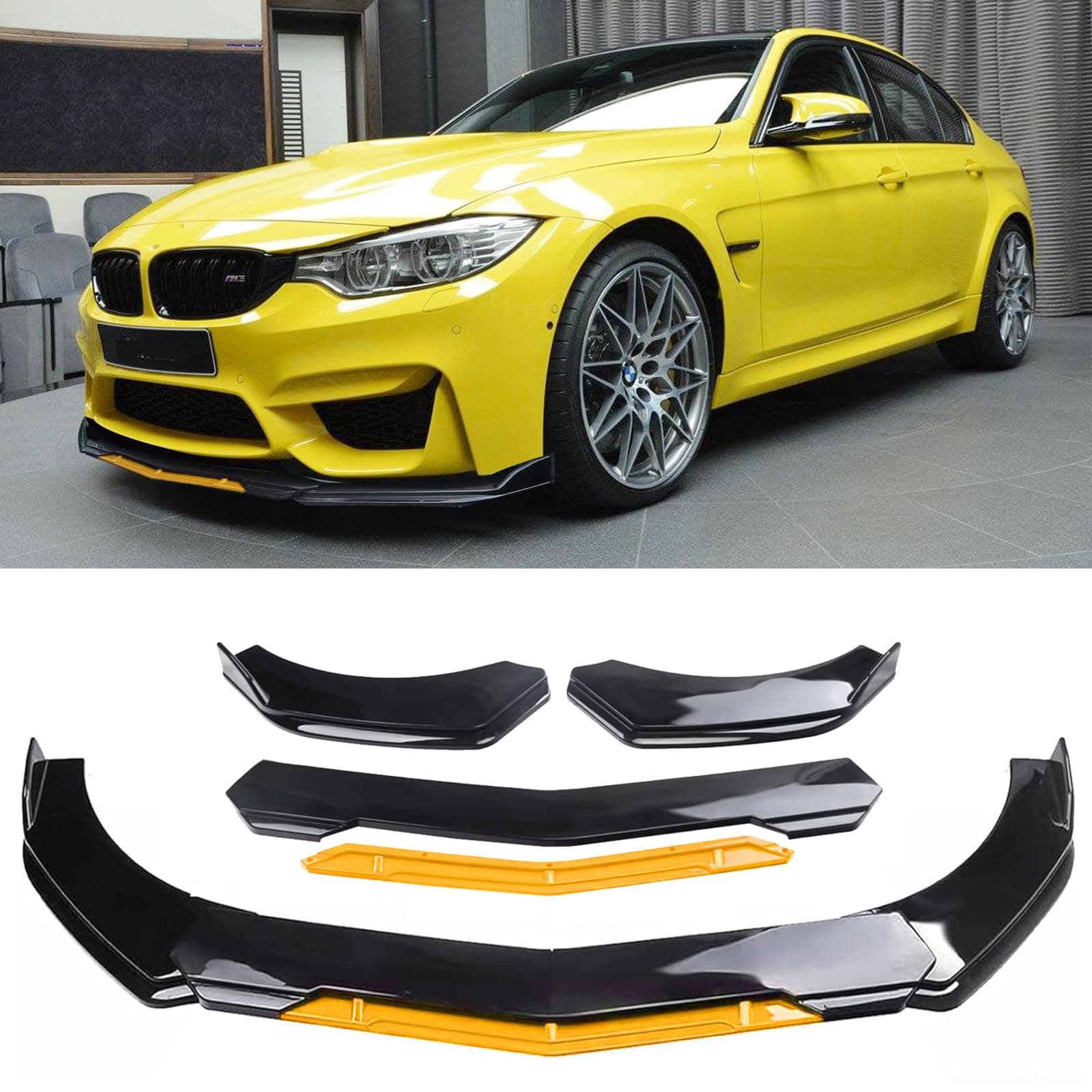 goodfitment Universal Front Lip for Car,Glossy Black Front Bumper Lip, ABS Adjustable Sharp Corner Front Bumper Lip Splitter Protector Replacement for Most Vehicle (Glossy Black w/Yellow)