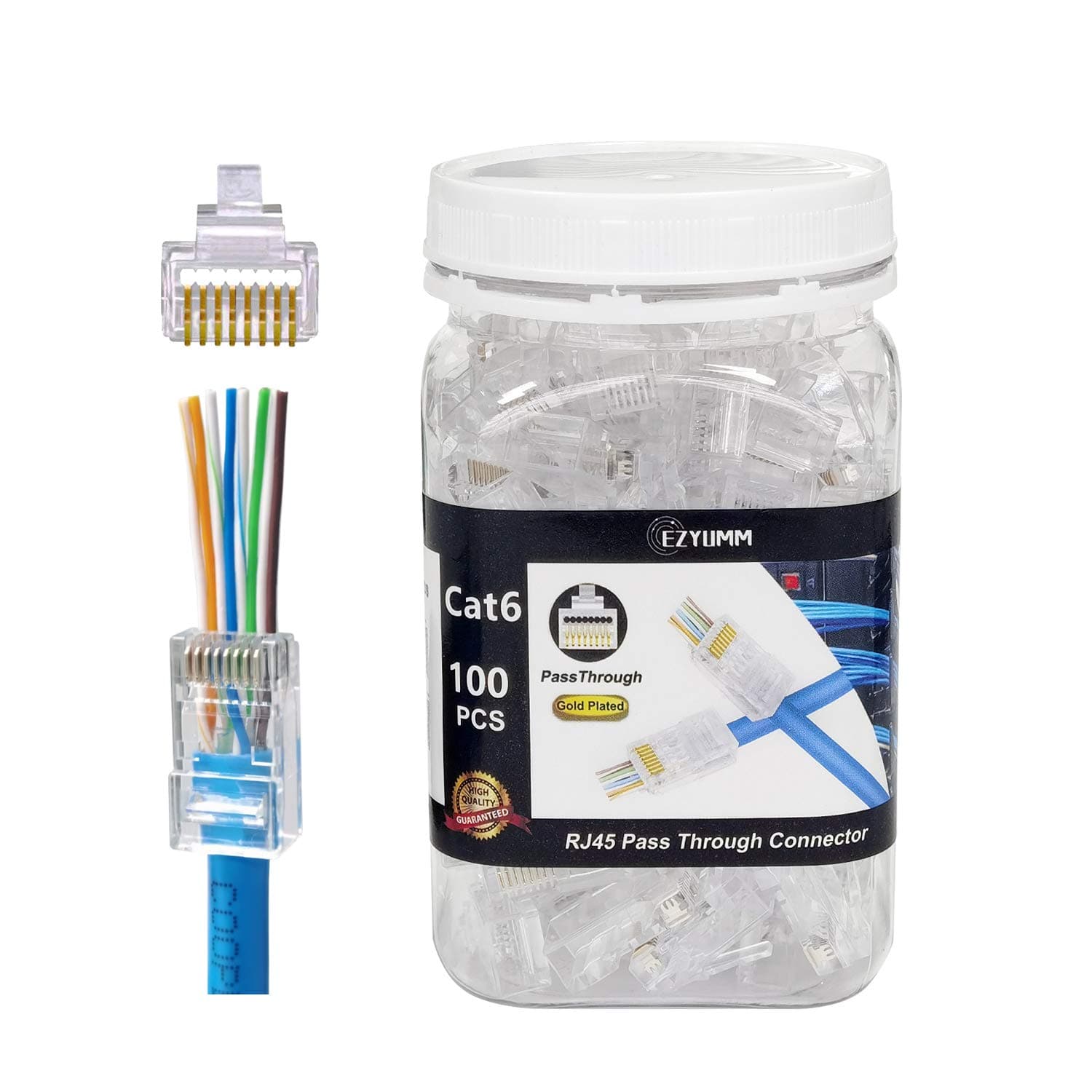 100-Pack RJ45 Pass Through Connector, RJ45 Connectors, Premium Cat 6 Connectors 8P8C Gold Plated, Pass Through RJ45 Cat6 Cat 5 Connector Ends for Solid or Stranded UTP Ethernet Cable
