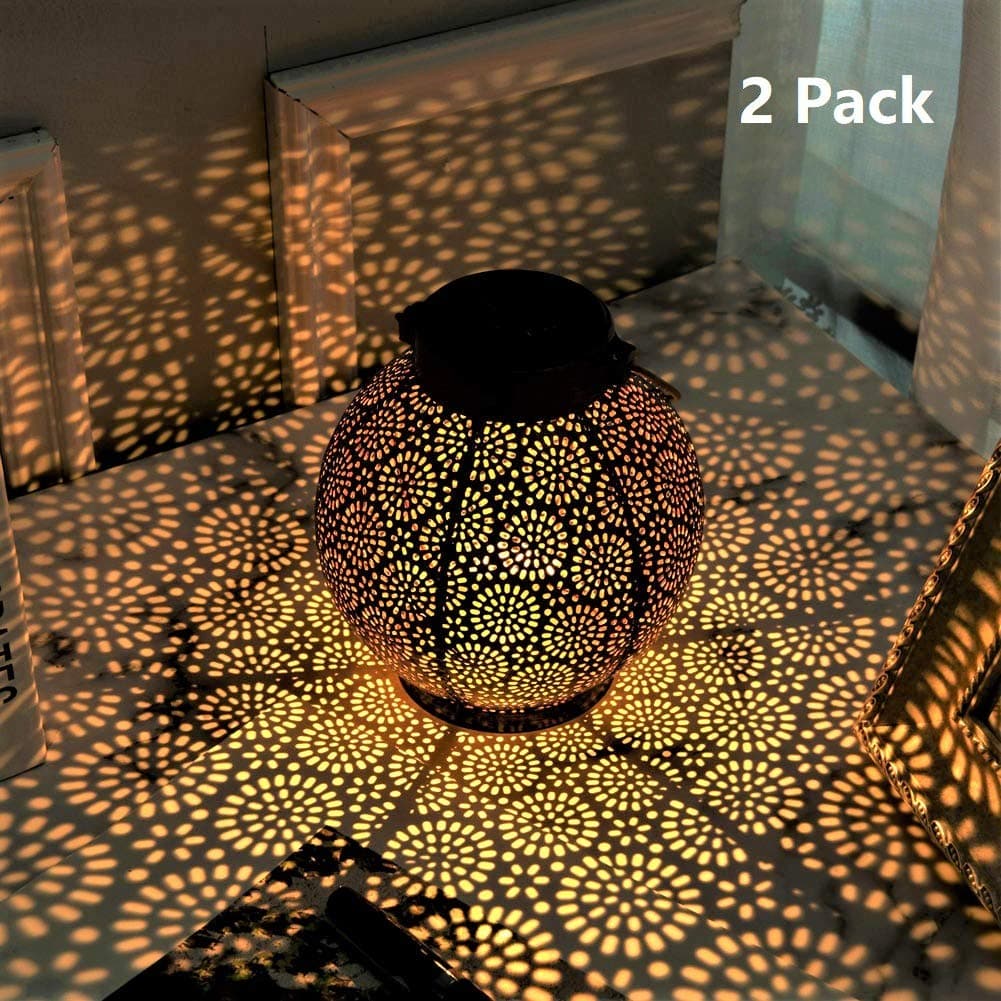 {2 Pack} Outdoor Solar Hanging Lantern Lights Metal LED Decorative Lights for Garden Patio Courtyard Lawn and Tabletop. Vintage and Antique Design. 2 Color Options Black and Bronze.
