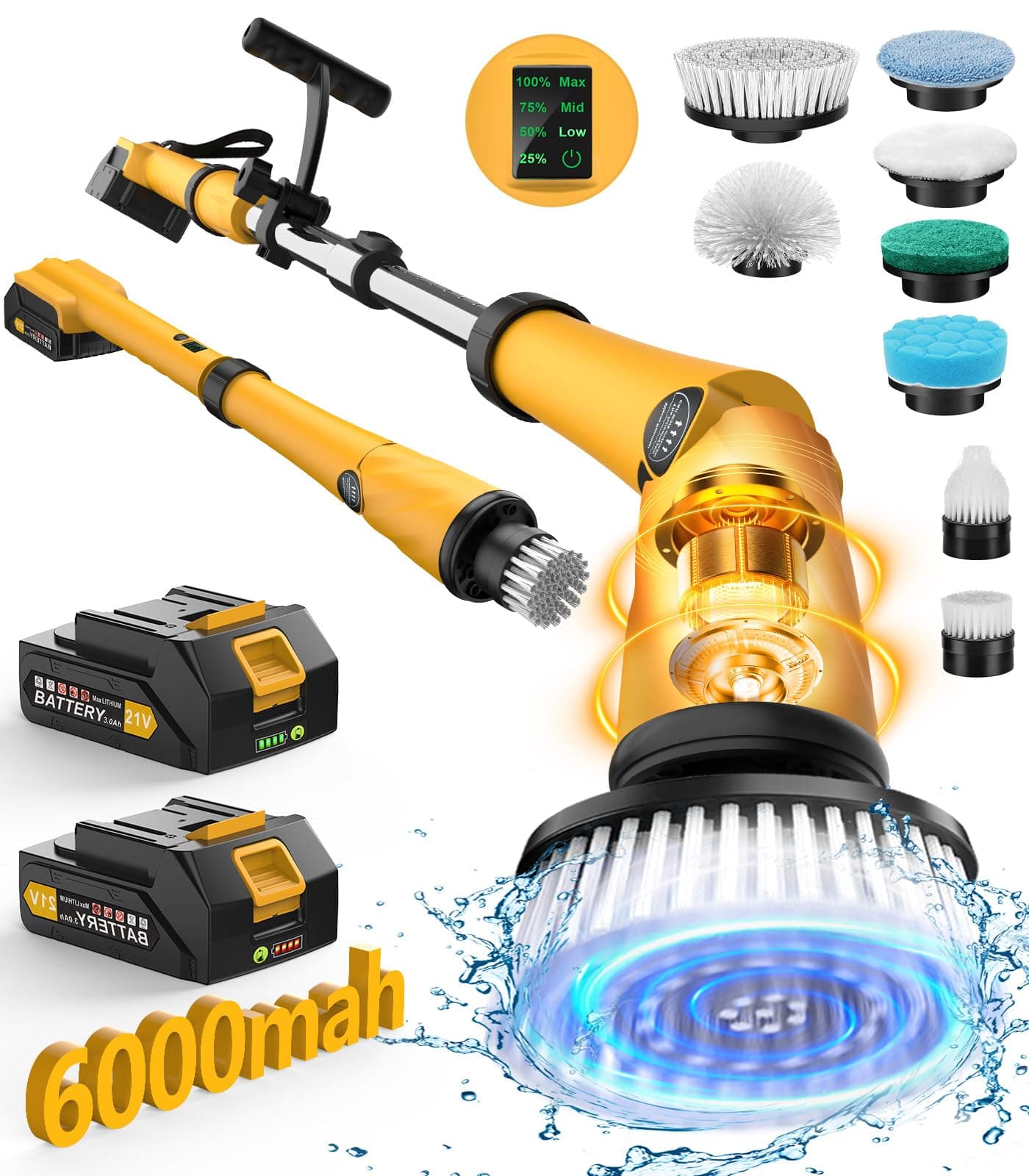 Qimedo Electric Spin Scrubber Extra Large Brush Q3,6000 mAh Best Battery Power Scrubber for Cleaning,1200RPM Shower Cordless Cleaning Brush with 8 Brushes for Bath/Tub/Tile/Floor (Smart Display)