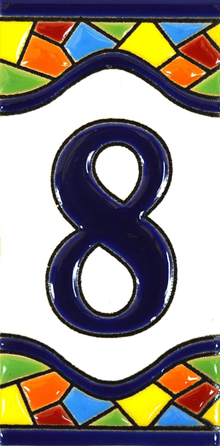 House Numbers 4 Inch Handpainted Ceramic Tiles for Signs, Addresses and Names. Design MOSAICO MEDIANO 4.29" x 2.13" (NUMBER 8)