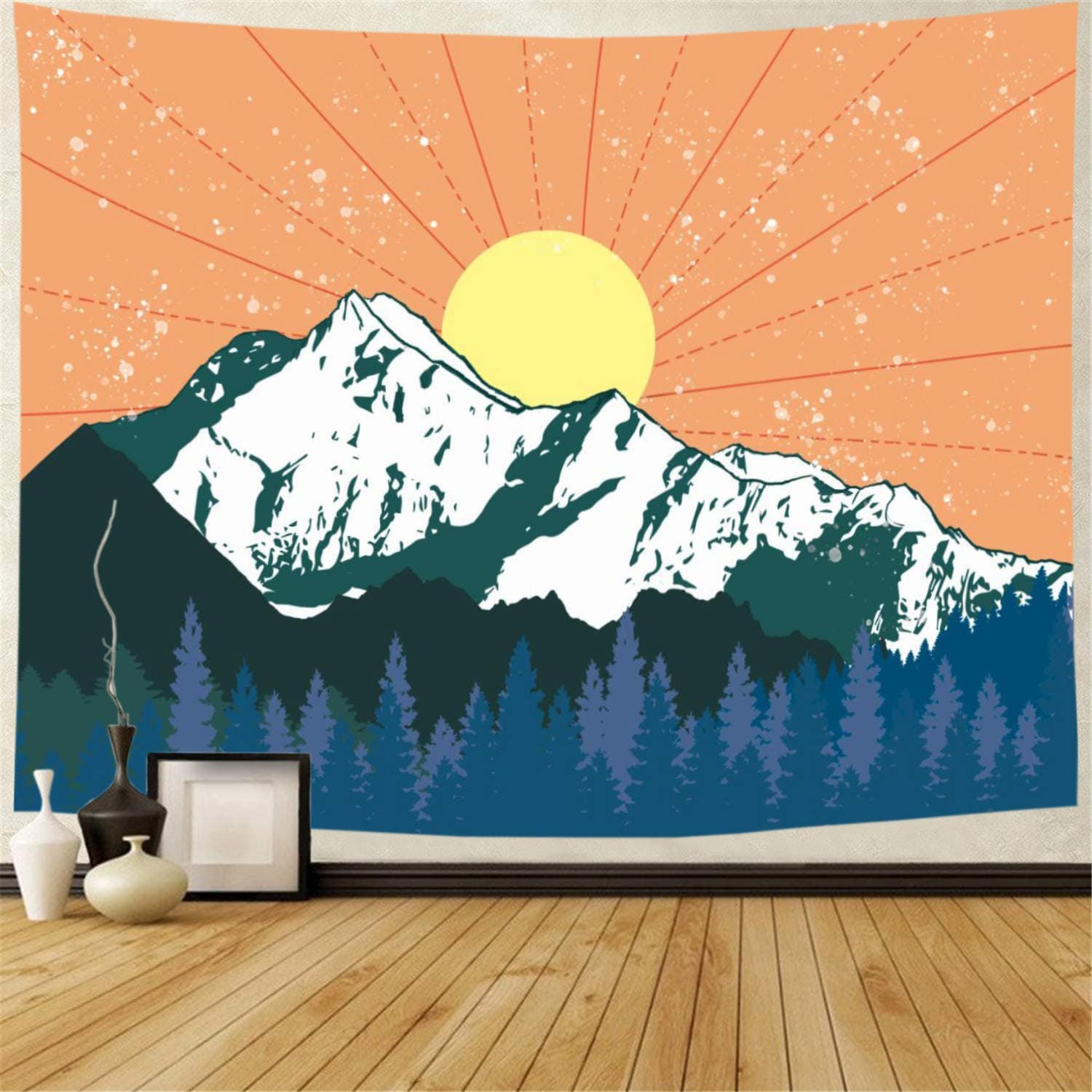 Mountain Tapestry Forest Trees Tapestry Watercolor Sun Tapestry Abstract Snow Mountain Nature Landscape Tapestry Wall Hanging for Room Decor（59.1 x 78.7 inches)