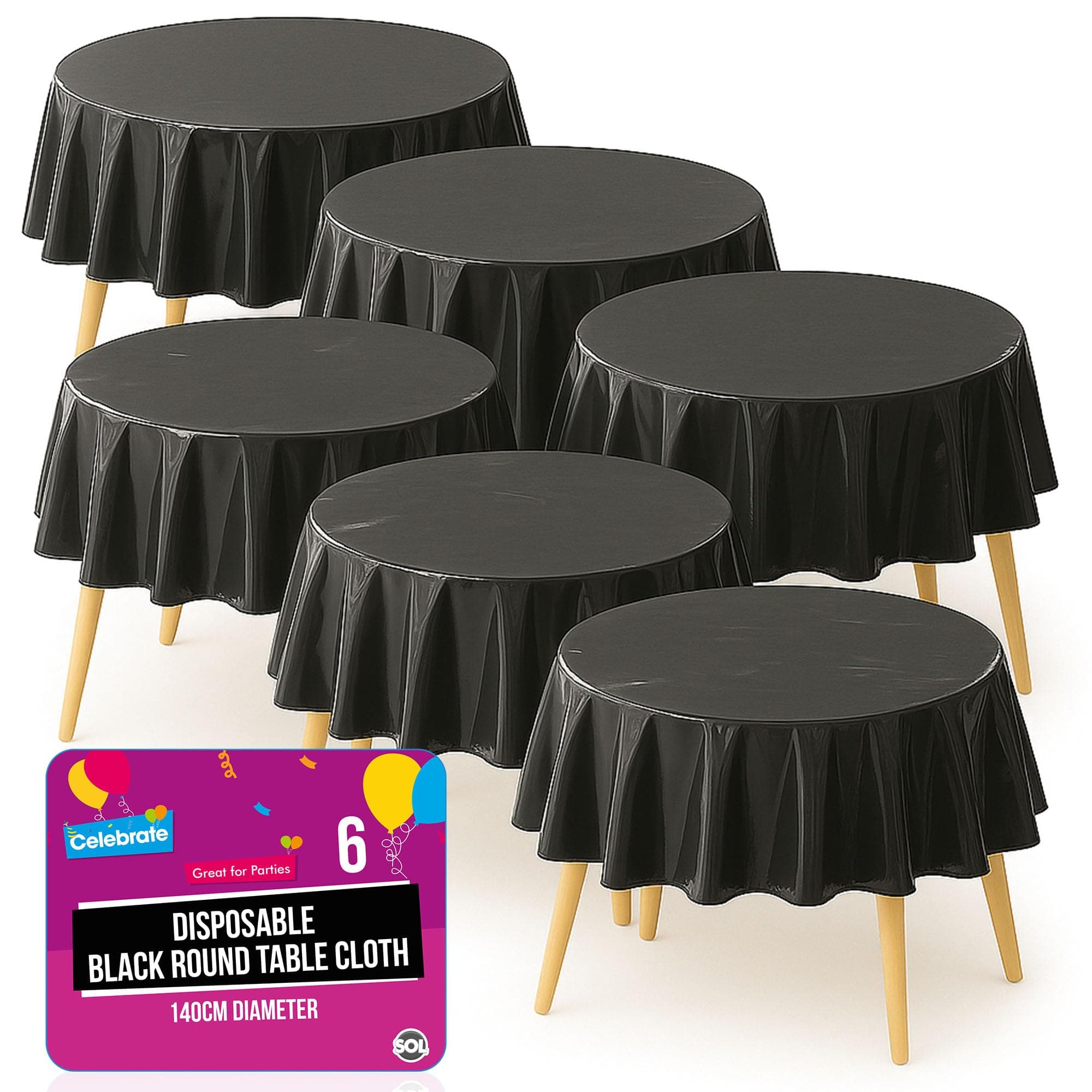 SOL 6pk Black Round Table Cloth Disposable 140cm Party Tablecloths for Circular Table - Durable Spill Protection - Christmas Decorations New Years Eve 2026 Birthday Supplies Weddings, Buffets Catering