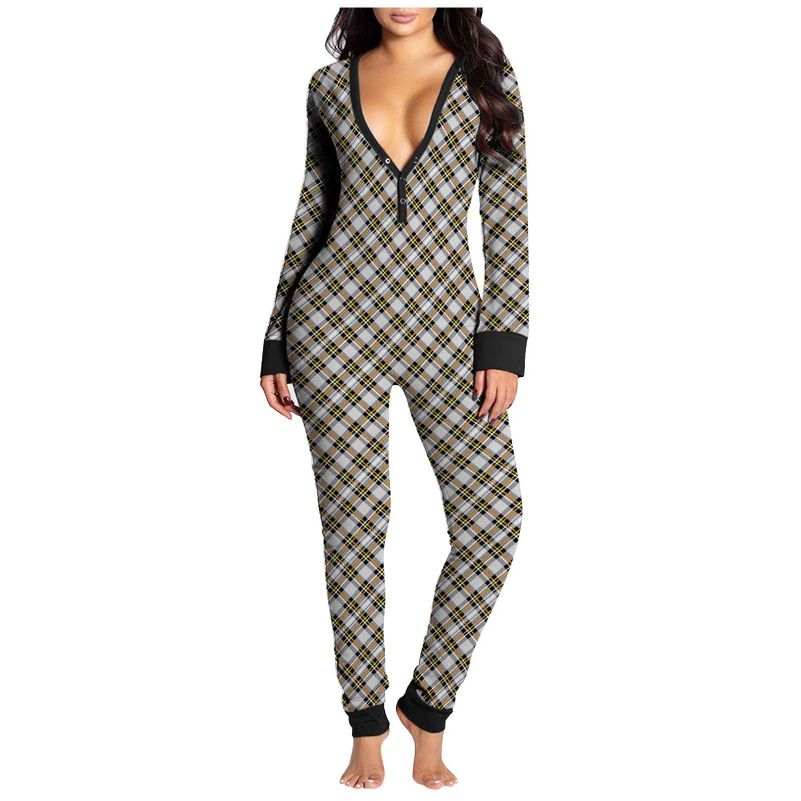 ZDFER Valentine's Day Ladies Jumpsuit with Fashion Check Print Design V-Neck Button Red Or Black Check Pajamas