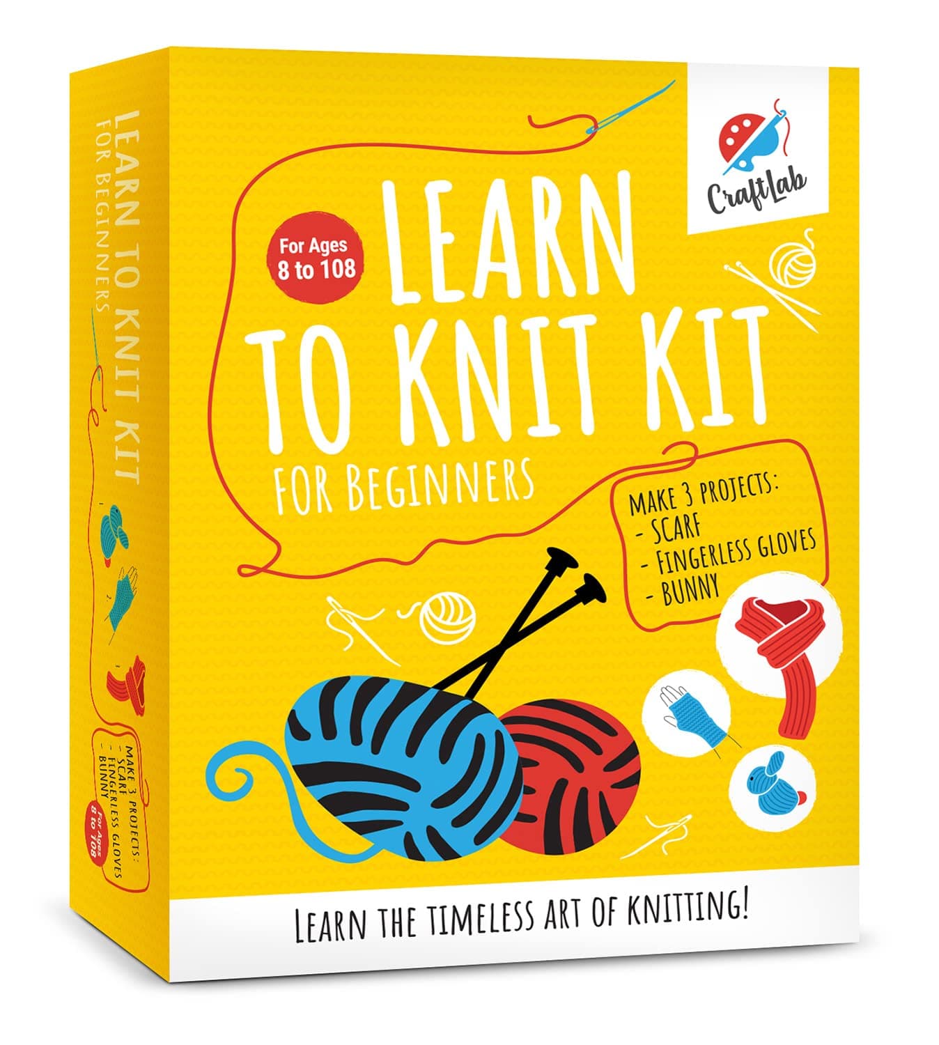 CraftLab Knitting Kit - Beginner Knitting Supplies with Wool Yarn, Needles, Instructions, DIY Gift