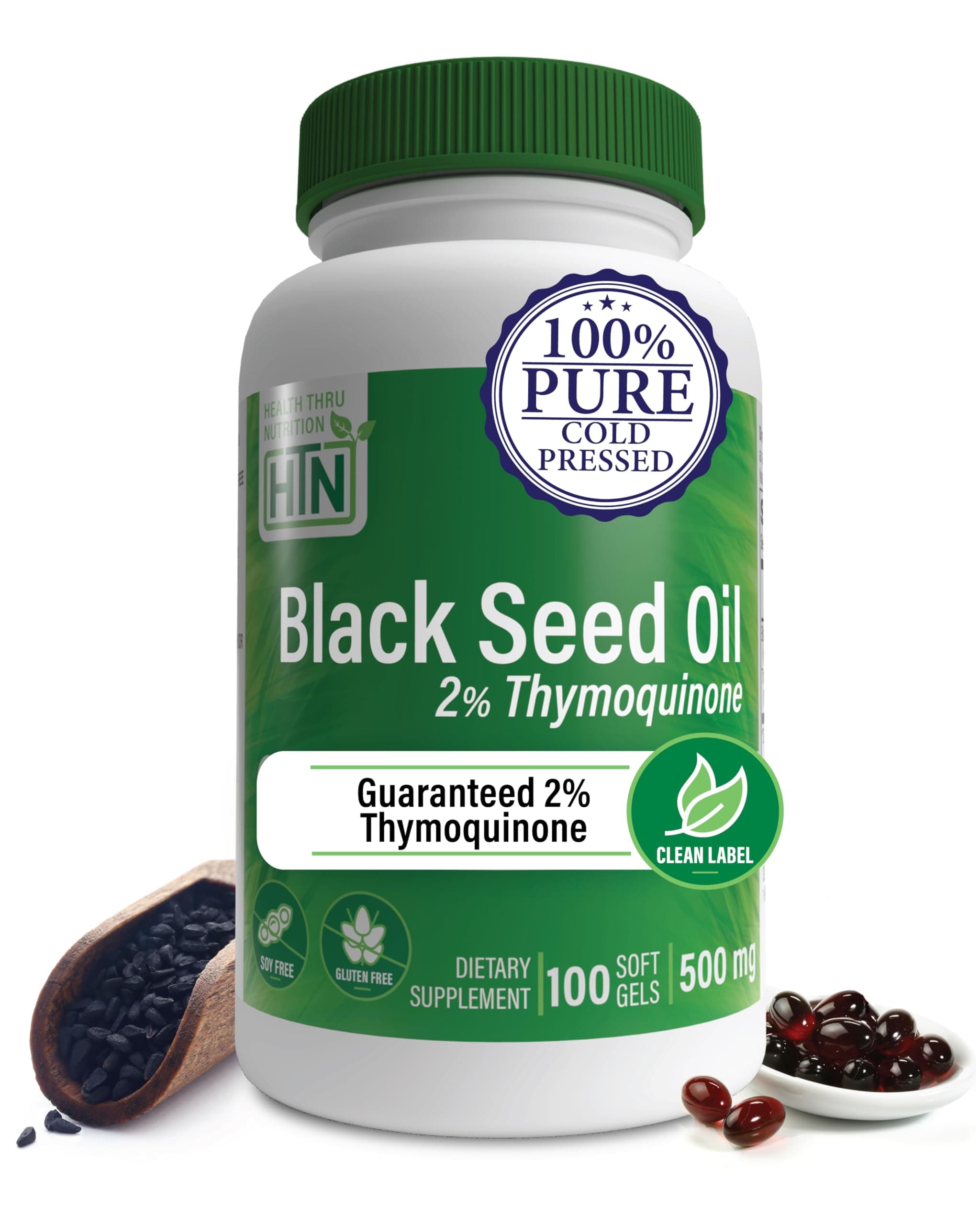 Health Thru Nutrition Black Cumin Seed Oil Supplement 500mg - High Performance 2% Thymoquinone, Cold Pressed Oil, Non-GMO Gluten Free, Soy Free (100 Softgels)