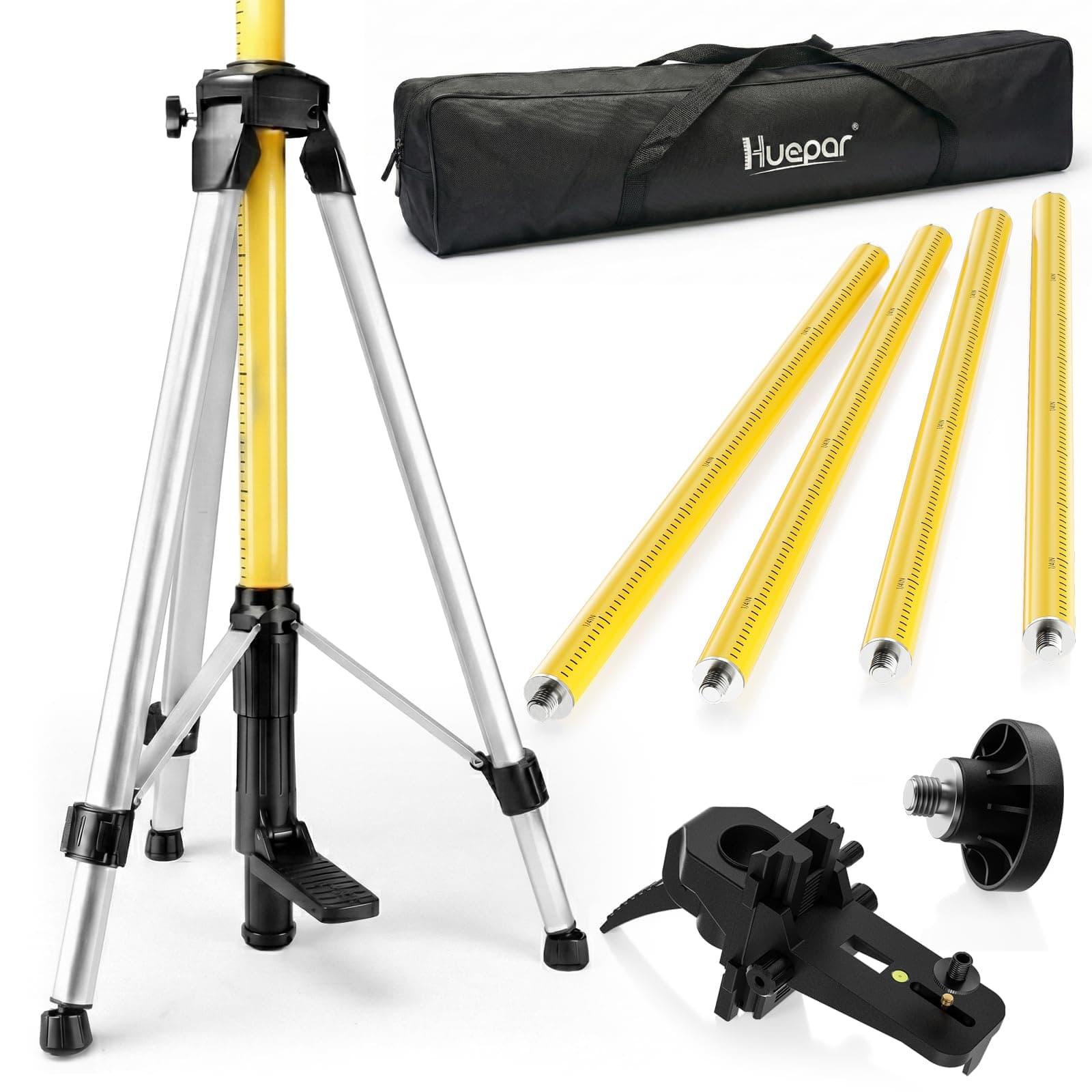 Huepar Laser Mounting Pole 3.7m/12ft for Rotary and Line Lasers, Laser Level Telescoping Pole with Tripod, Adjustable Mounting Clamp with 1/4"-20 Male Thread and 5/8"-11 Thread Adapter - LP36