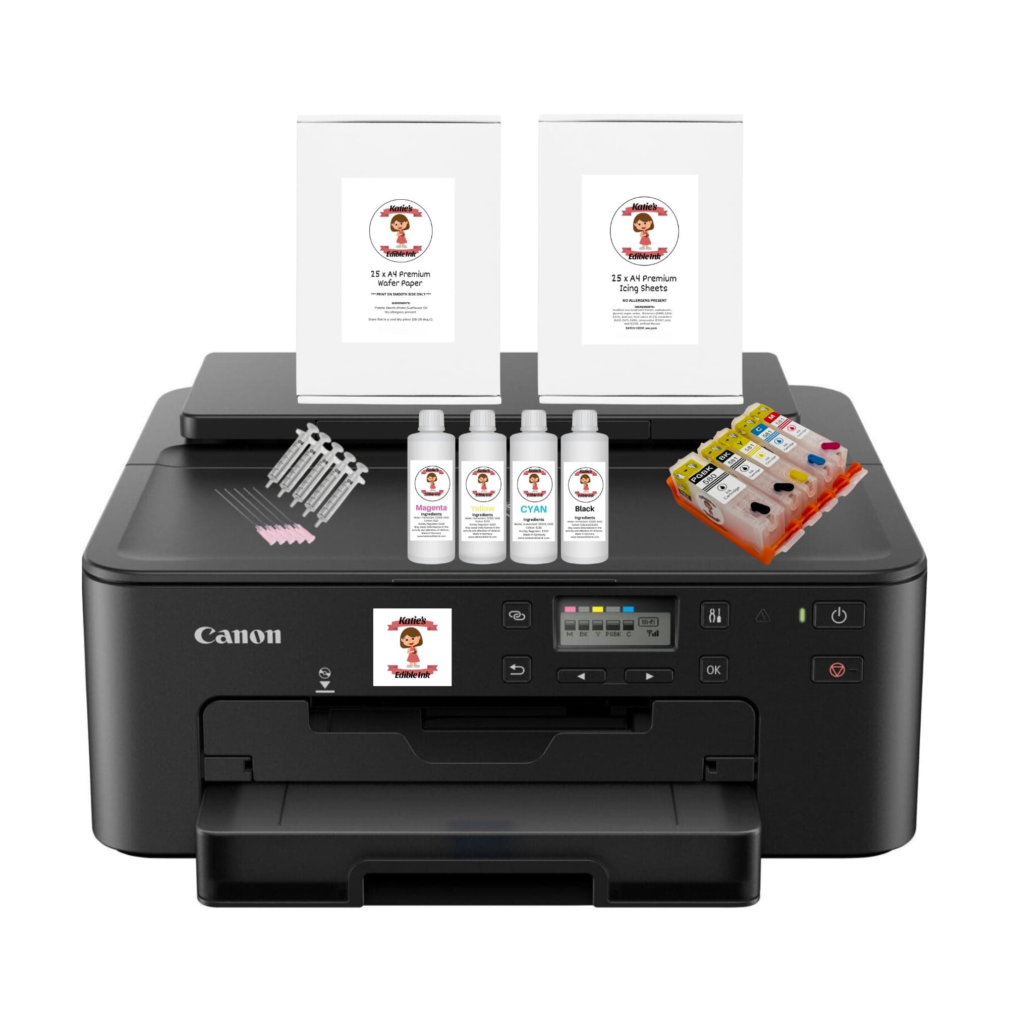 Newest Model Katie's Edible Ink Canon Printer- Canon TS705A WiFi Printer - Super Clear Print Quality - Edible Ink Cartridges Included - 25 Sheets Of Premium Icing Sheets & Wafer Paper Included