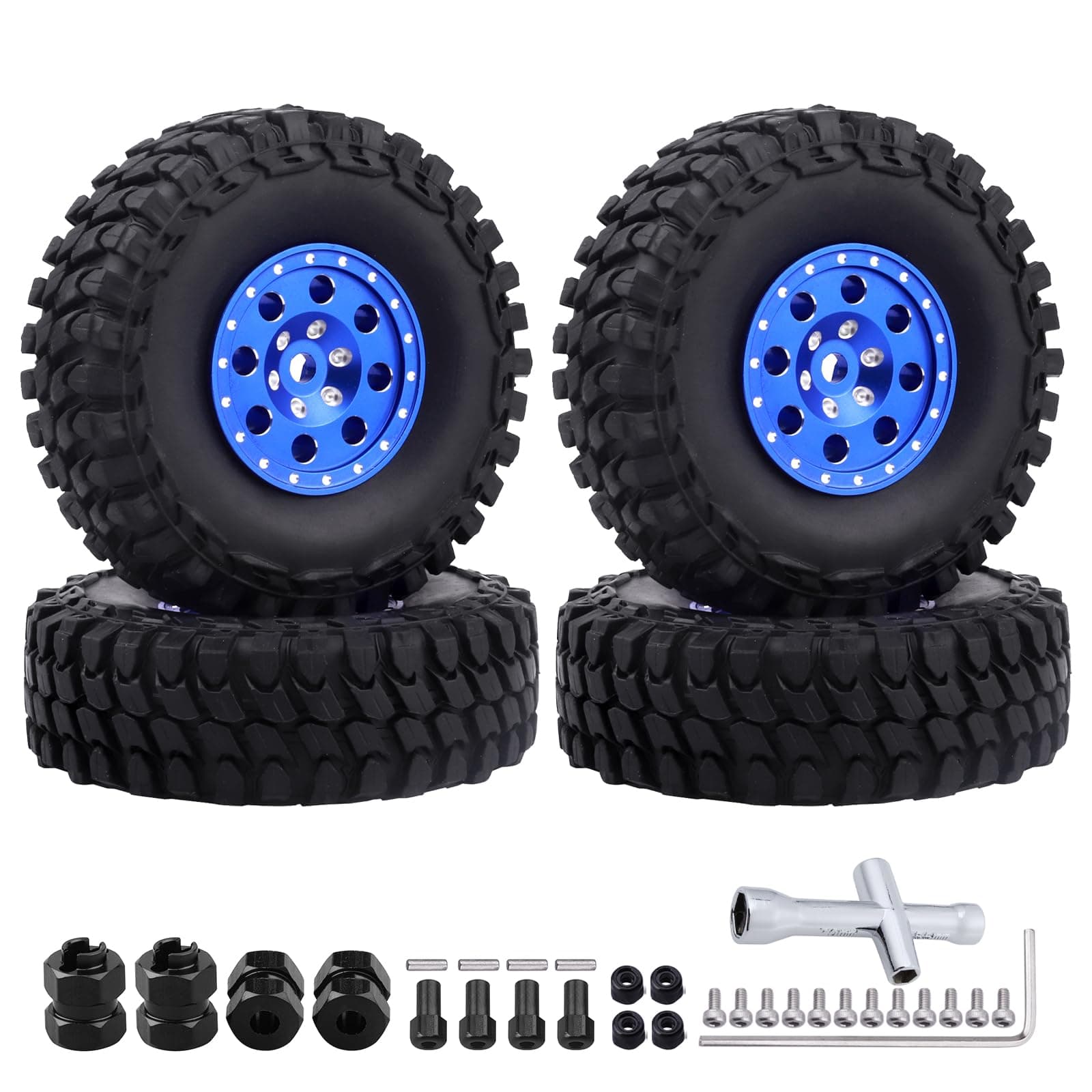 Hobbypark 1.0 Beadlock Wheels and Tires Metal Micro Crawler Tires w/Wheel Spacers Offset for 1/24 RC Crawler Car Axial SCX24 AXI90081 Deadbolt AXI00002 Jeep Wrangler (Set of 4) (Blue Rims)