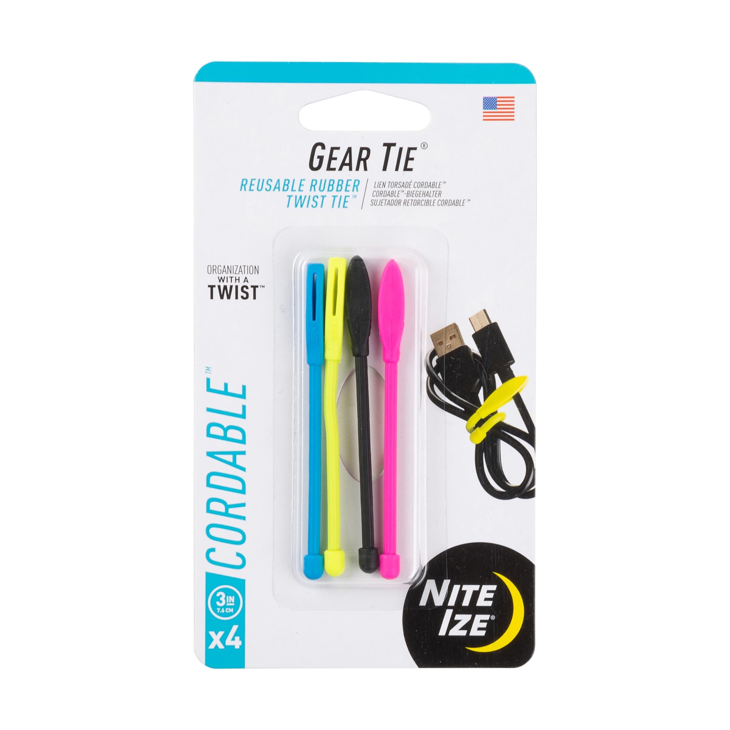 Gear Tie Cordable Twist Tie 3" - 4 Pack - Assorted