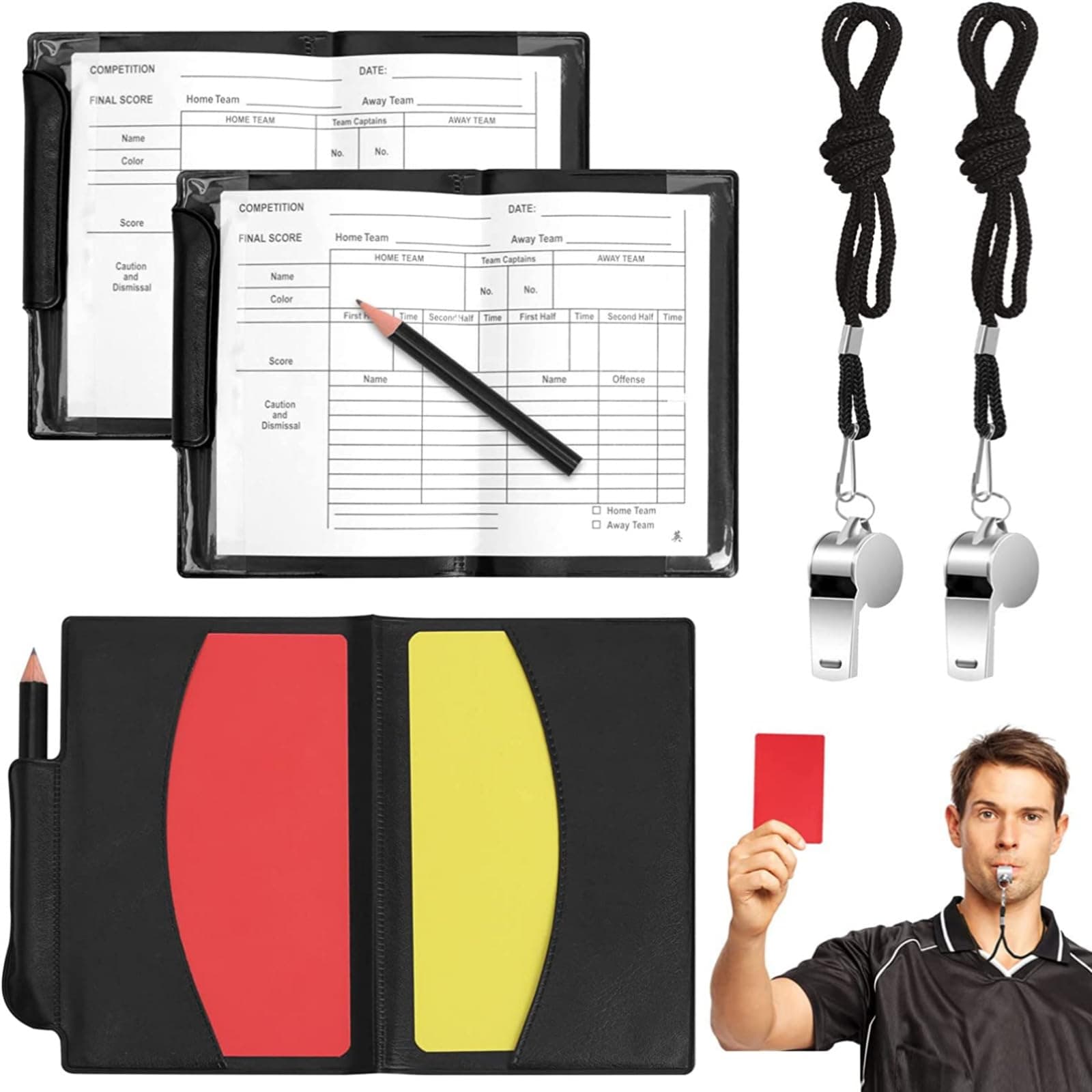 Referee Cards Set, Football Red and Yellow Cards Coach Whistle with Wallet Scoresheets Pencil Accessories for Football Soccer Game Sports 4Pcs