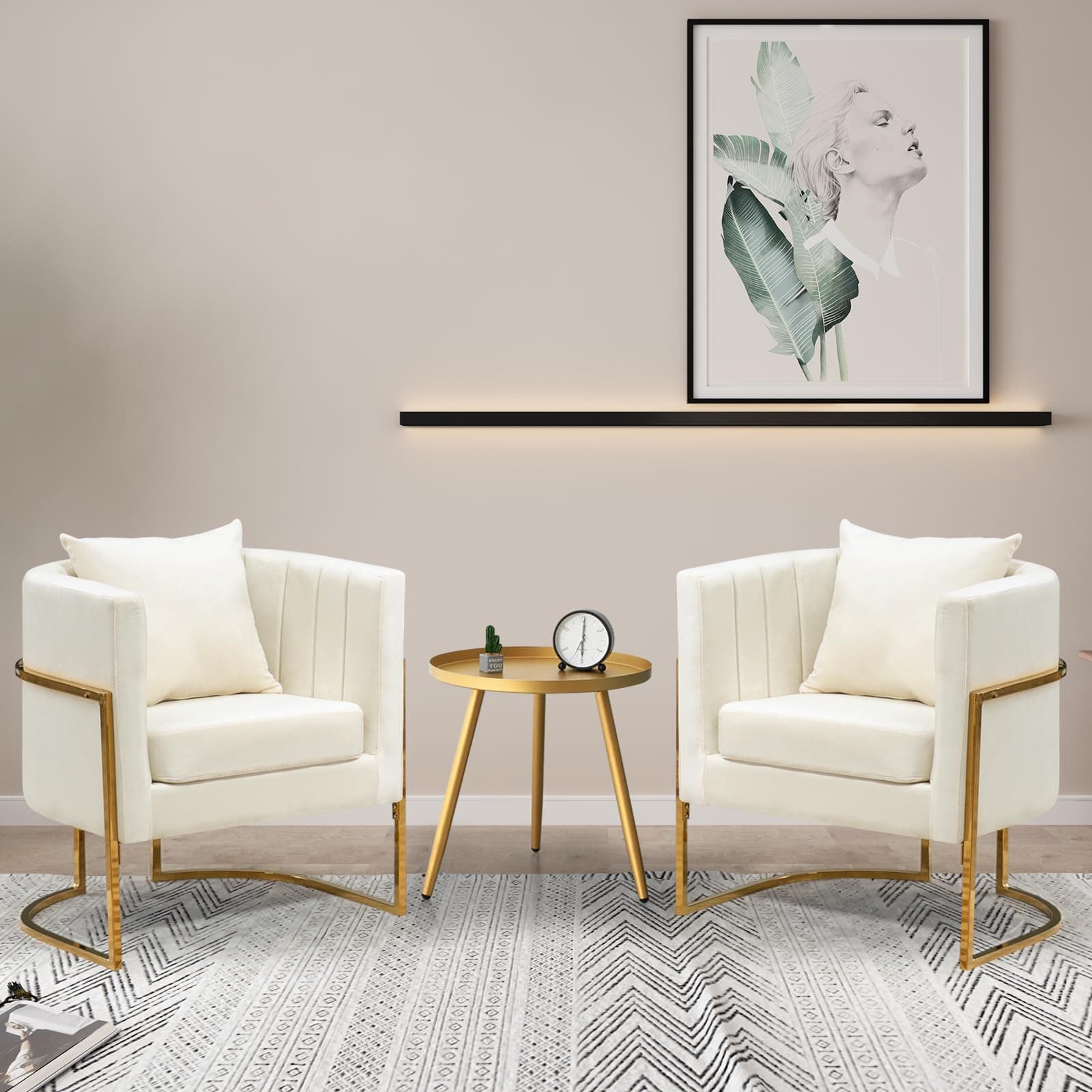 Velvet Accent Chairs Set of 2, Mid Century Modern Upholstered Barrel Armchair with Pillow for Living Room, Comfy Single Club Chair with Metal Gold Legs for Bedroom, White
