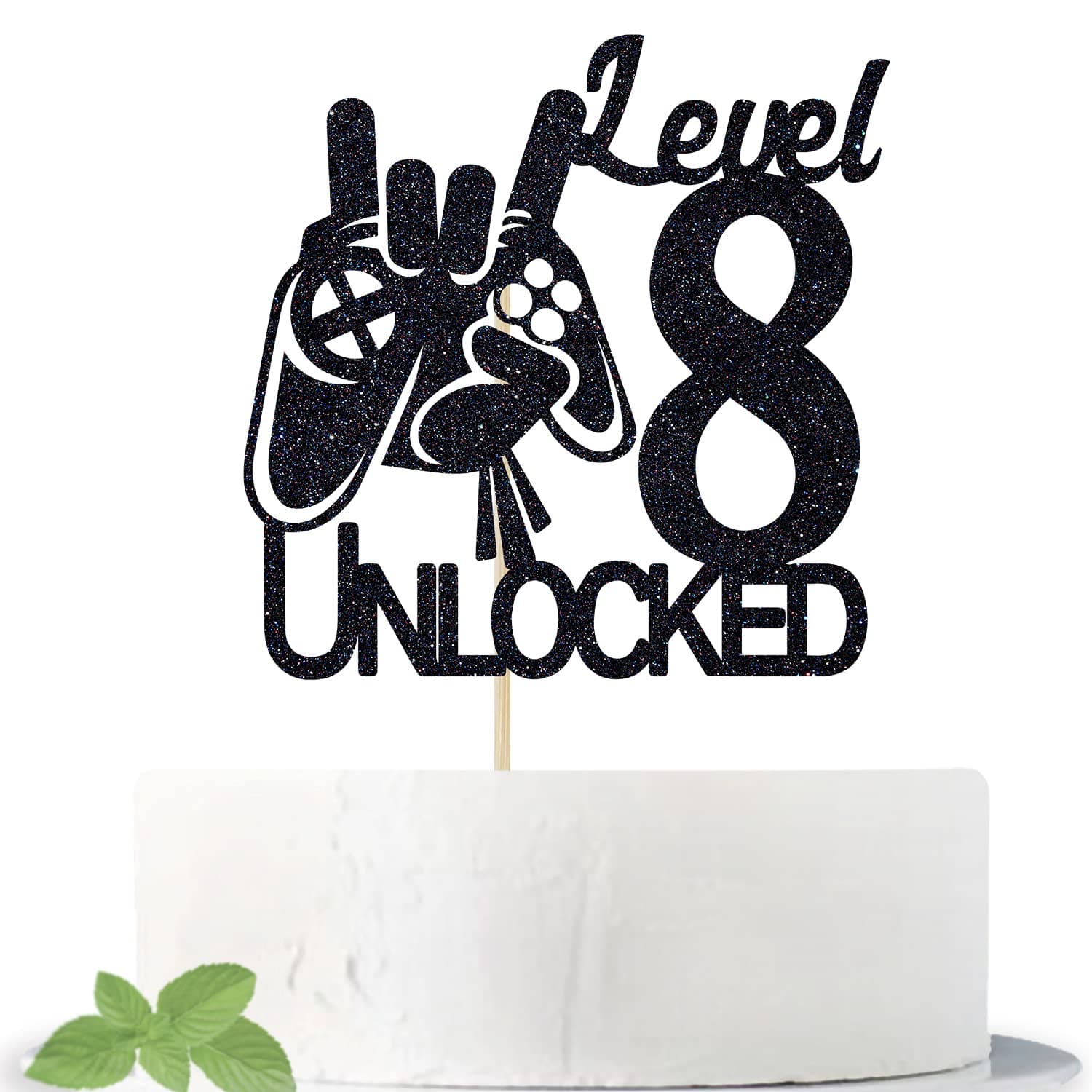 Cos mos Video Game Level 8 Unlocked Birthday Cake Topper Black Glitter Boys 8th Birthday Cake Decorations Level Up Winner Party Decoration Supplies