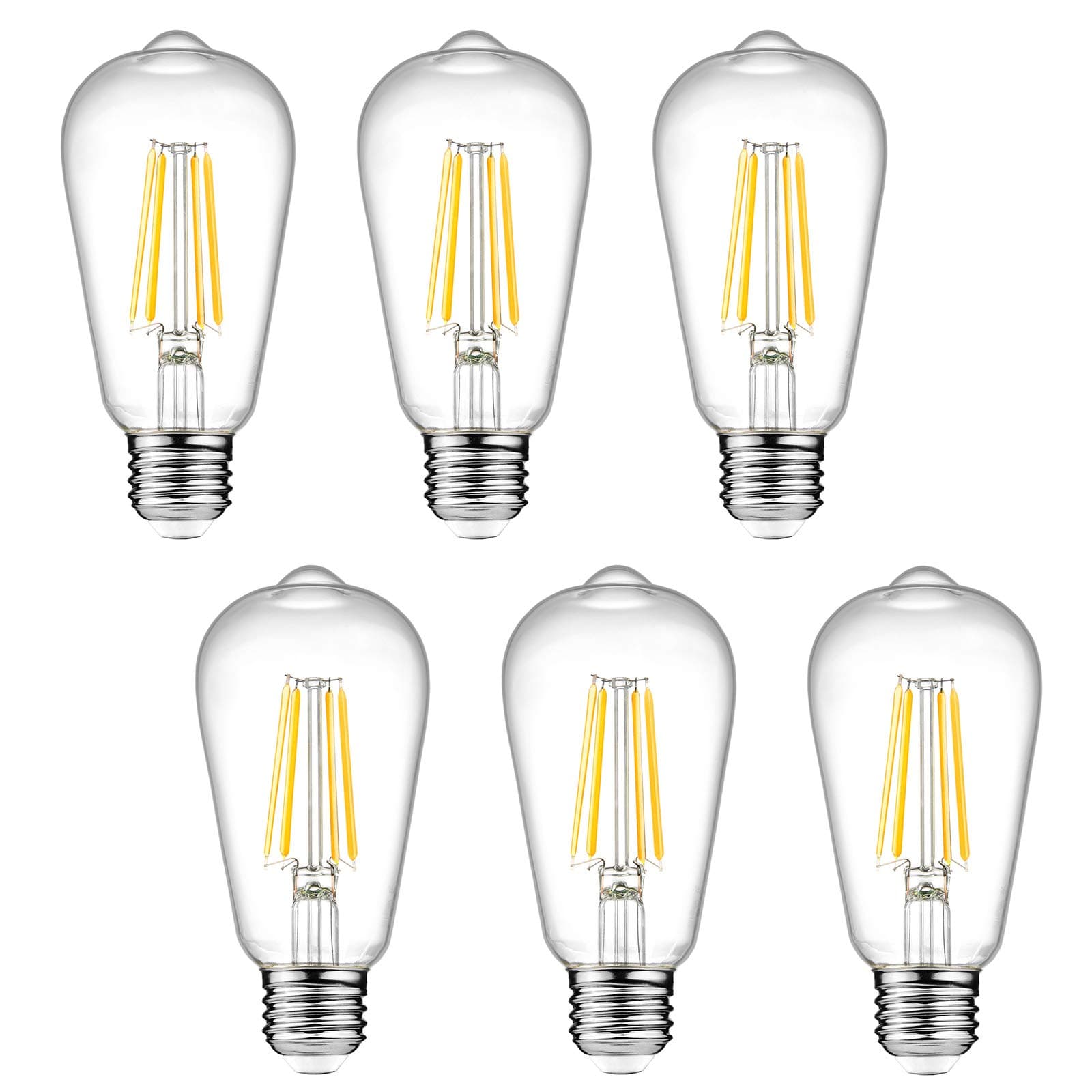 Dimmable Vintage LED Edison Bulbs, 6W, Equivalent 60W, 700lm, Warm White 2700K, 80+ CRI, ST58 Antique LED Filament Bulbs, E26 Medium Base, Clear Glass, Pack of 6