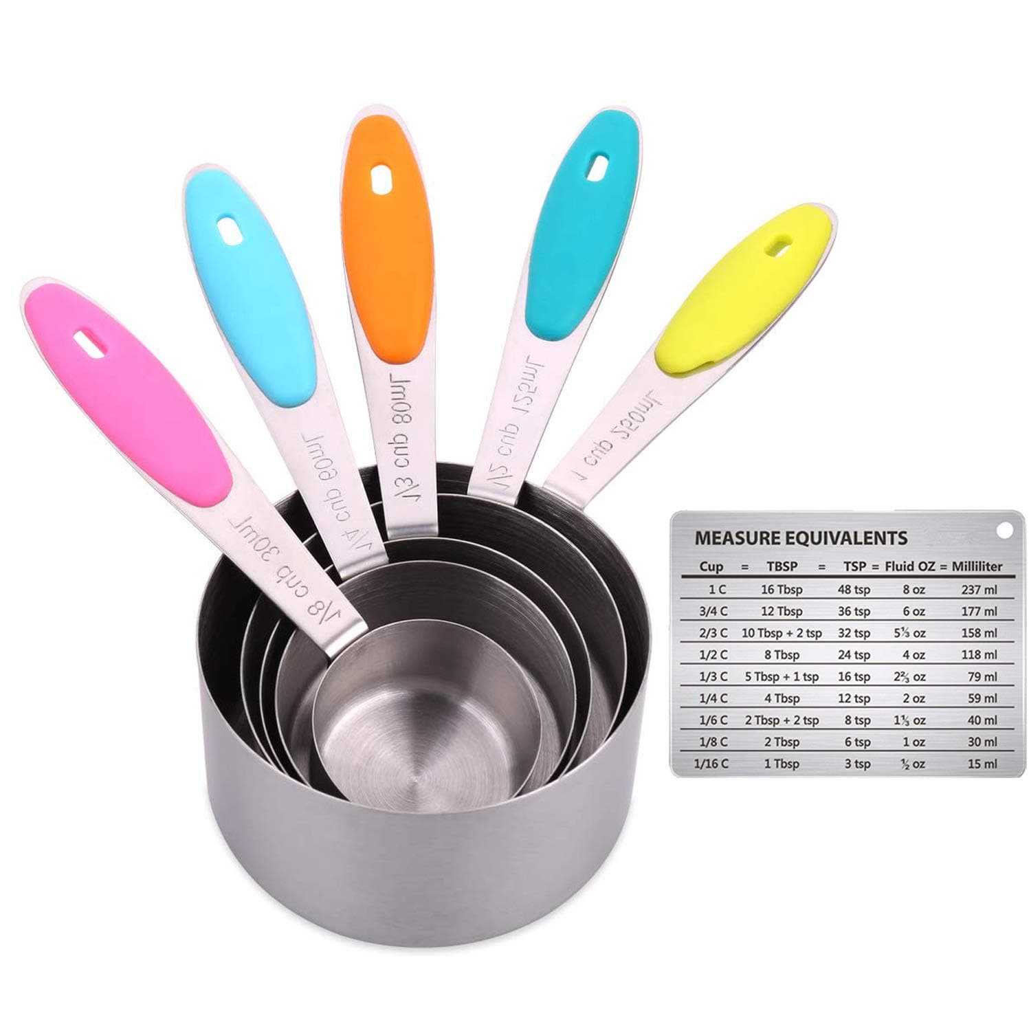 Silicone Handle Stainless Steel Measuring Cups Set of 7 for Baking Cooking Measuring Cup with 1 O Rings and Magnetic Measurement Conversion Chart by Iindes