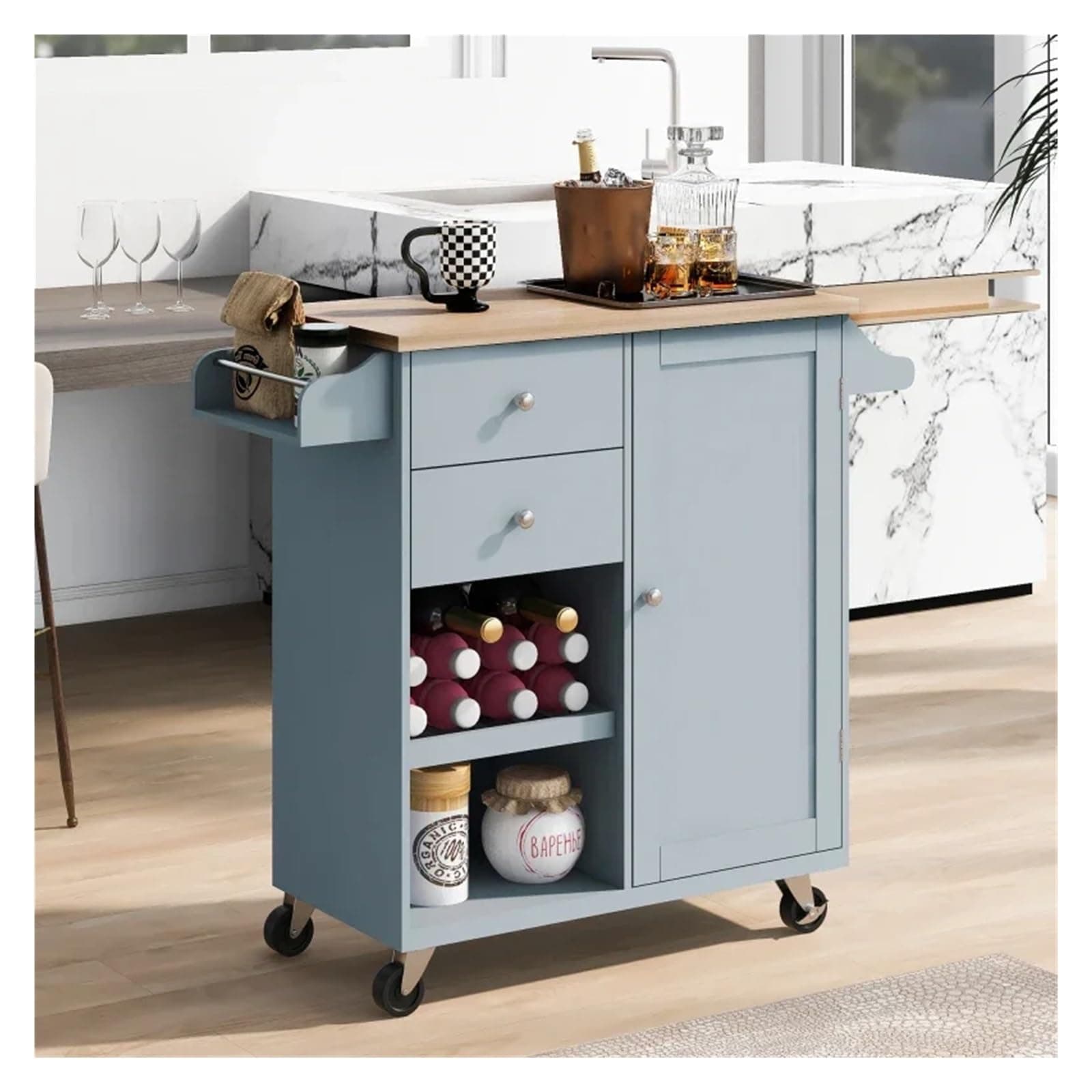 Kitchen Storage Trolleys Kitchen Cart with Spice Rack,Towel Rack & Two Drawers,Rubber wood top,Kitchen Island with 4 Wheels Serving Trolleys (Color : Style-A) (Style b)
