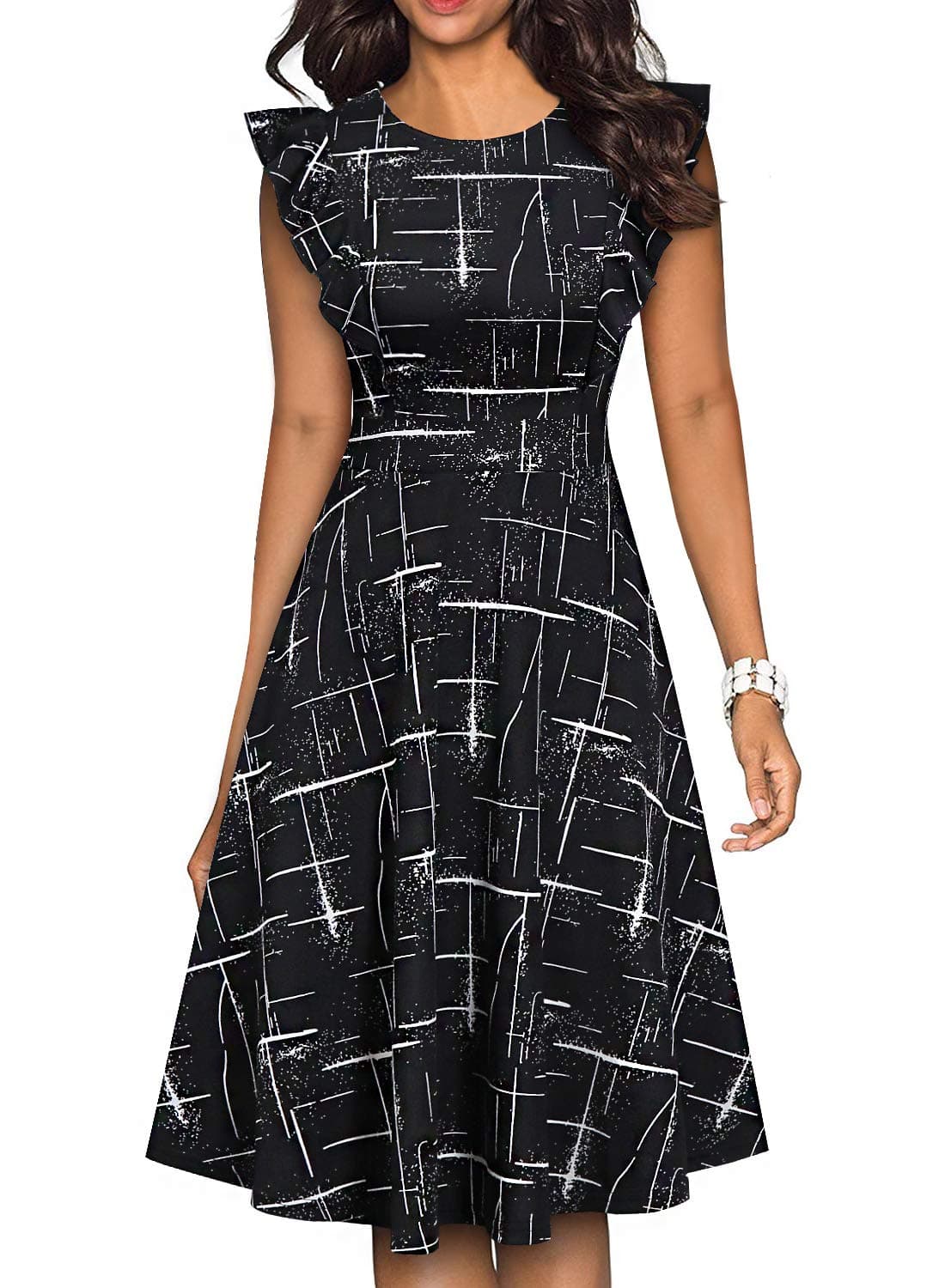 YATHONWomen's Vintage Ruffle Floral Flared A Line Swing Casual Cocktail Party Dresses