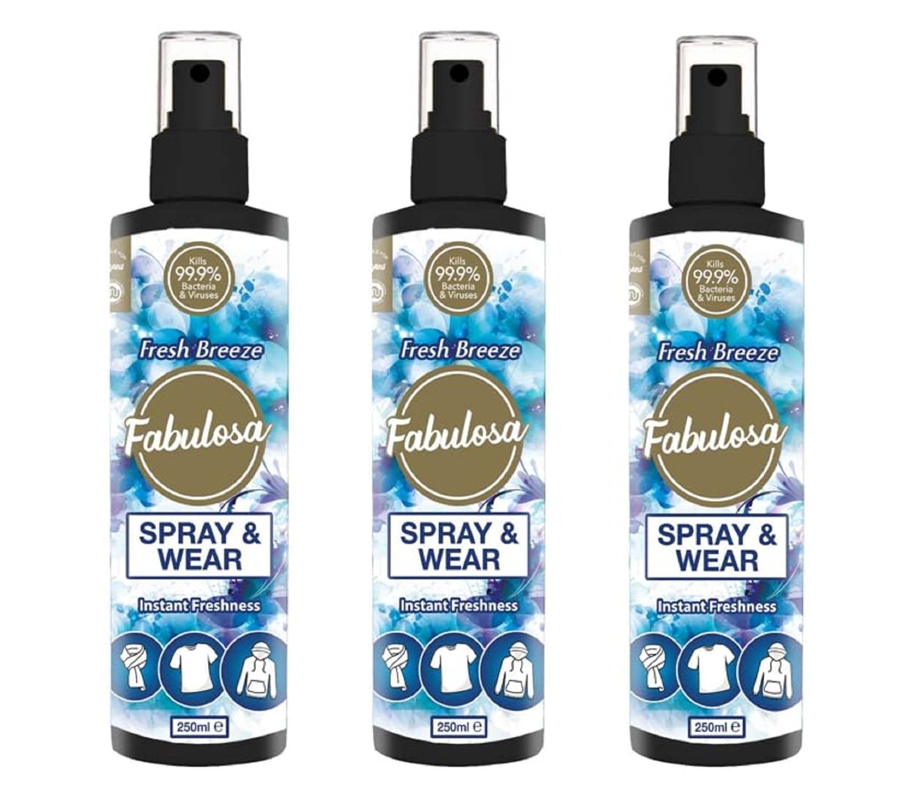 Antibacterial Spray and Wear Dry Washing Fabric Clothes Freshener Spray Pack, Blue, 250ml, Fresh Breeze (Pack of 3)