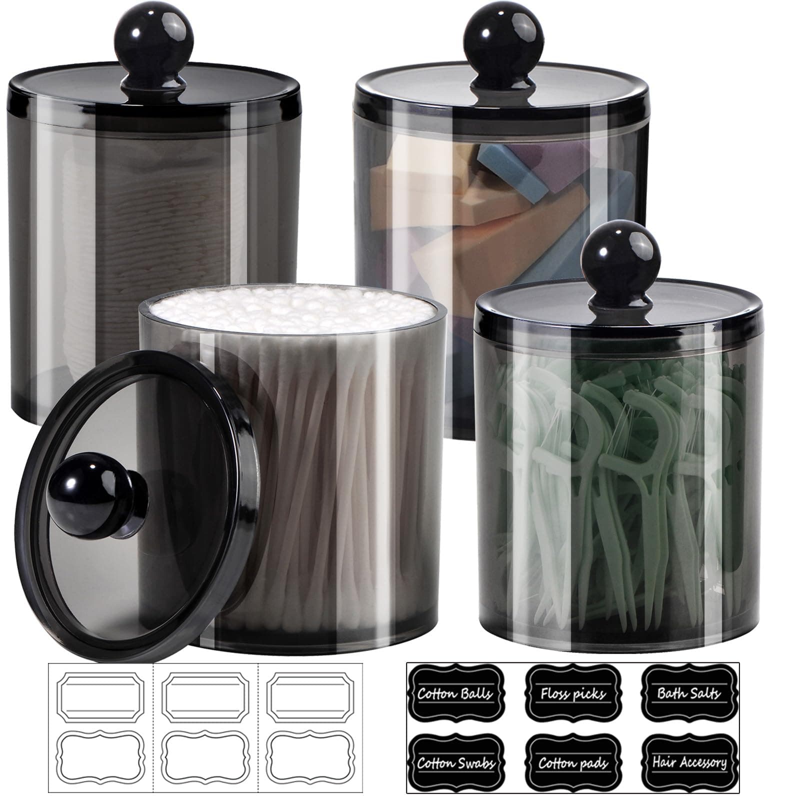 SheeChung 4 Pack Plastic Acrylic Bathroom Vanity Countertop Canister Jars with Storage Lid, Apothecary Jars Qtip Holder Makeup Organizer for Cotton Balls,Swabs,Pads,Bath Salts