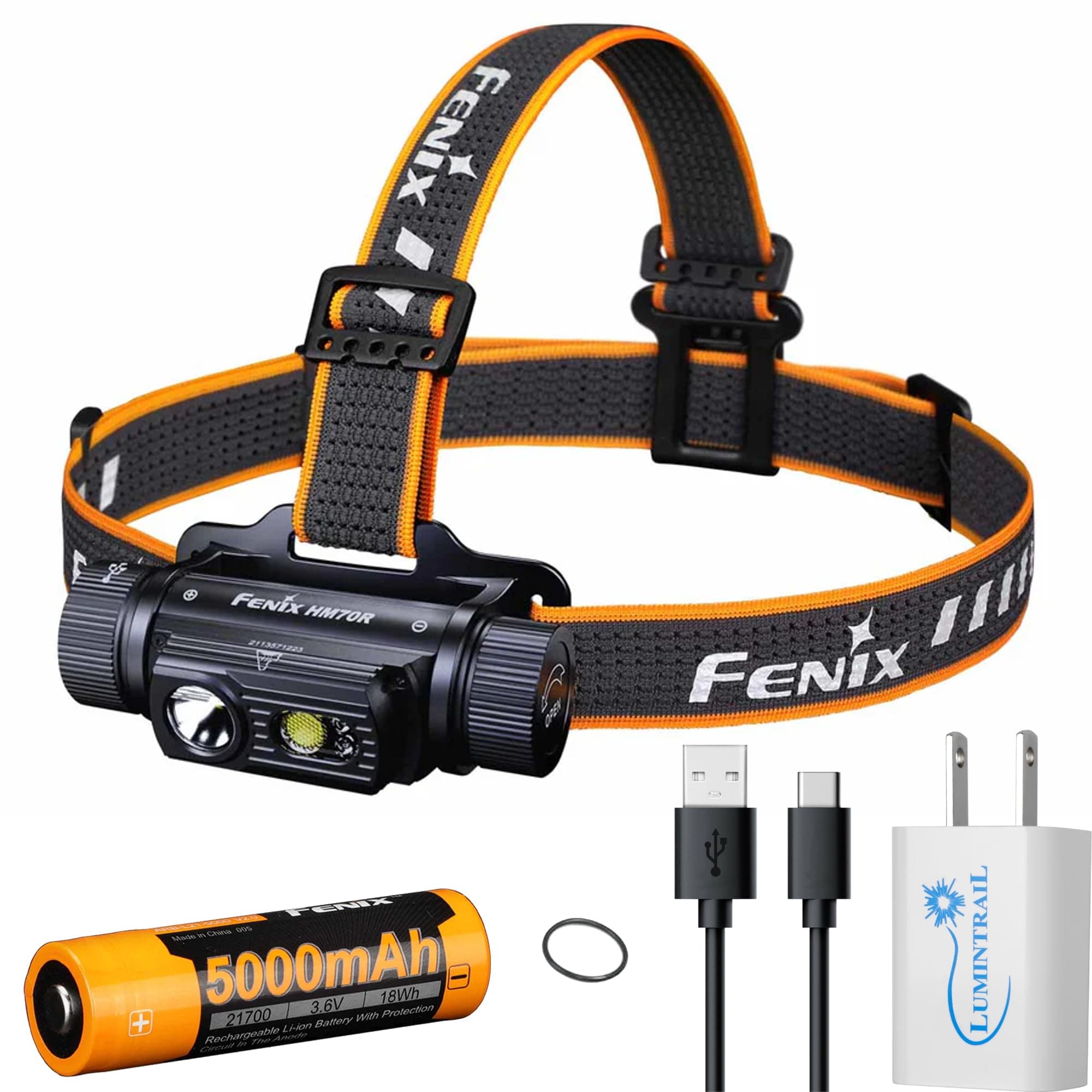 Fenix HM70R Headlamp, 1600 Lumens, USB Rechargeable, High CRI White and Red Beams, with a USB Wall Plug