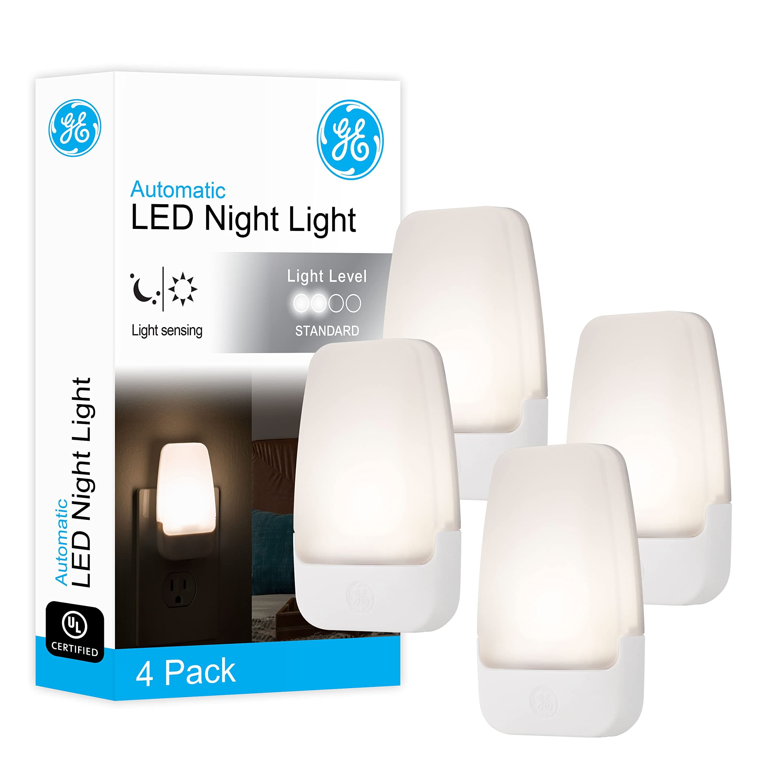 LED Night Light, Plug-in, Dusk to Dawn Sensor, Warm White, Ambient Lighting, Ideal for Kids and Adults Bedroom, Bathroom, Nursery, Hallway, Kitchen, 46882, 4 Pack
