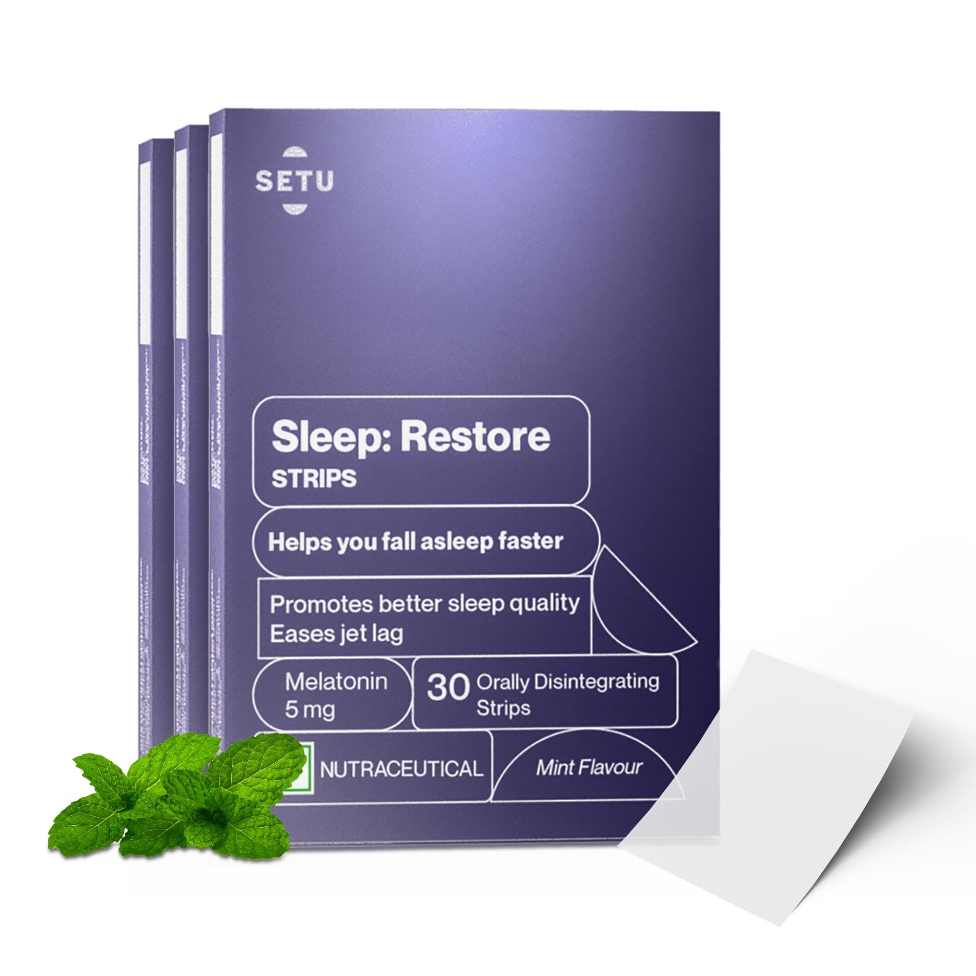 Setu Sleep Restore Melatonin 5mg - 30 Orally Dissolving Strips (Pack of 3) | Plant Based 5 mg Melatonin | Promotes Relaxation & Sleep, Eases Jet Lag Strain, Non-Habit Forming | Tasty Mint Flavor