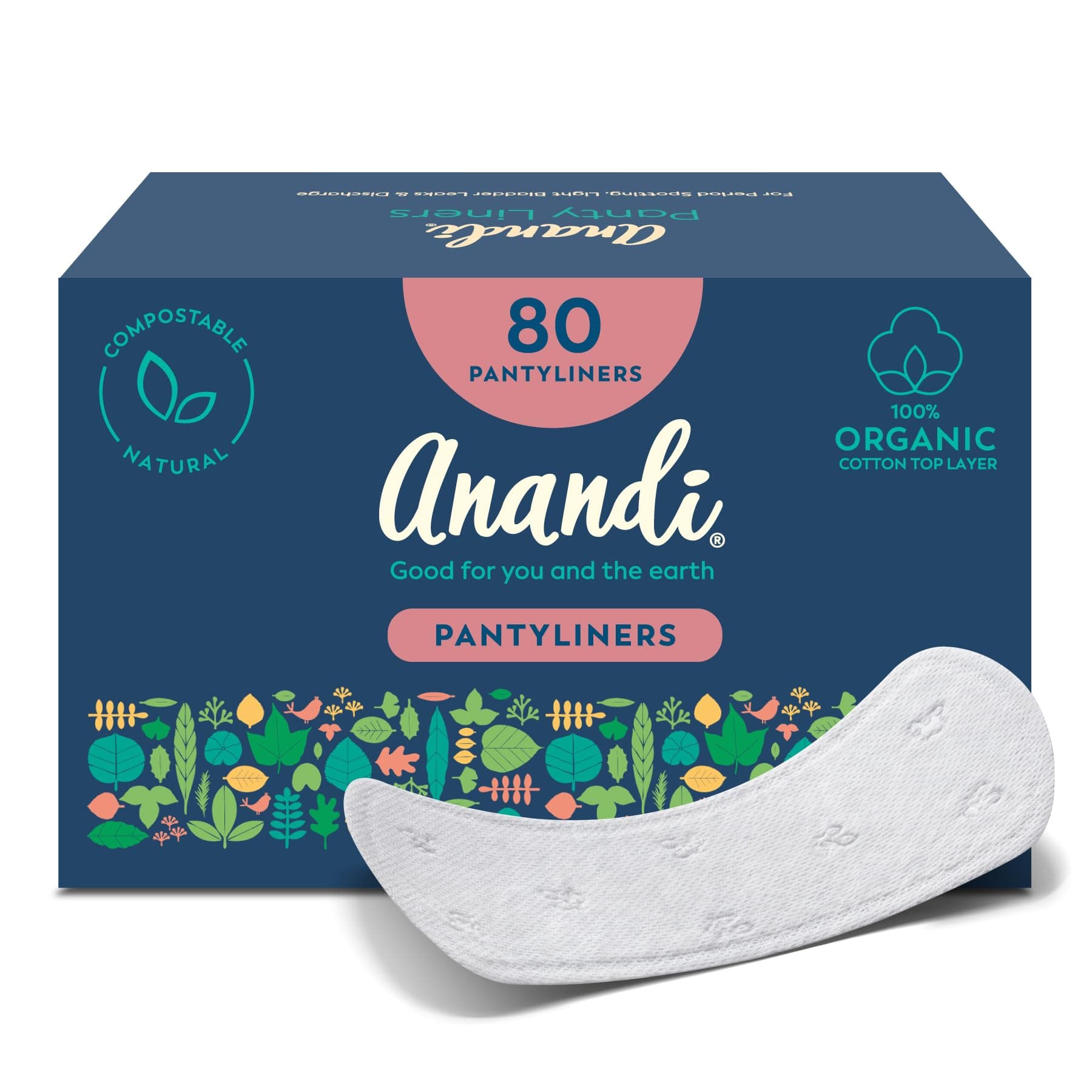 Anandi Panty Liners For Women | Daily Use Liners 190mm - 80 Pieces | Biodegradable Compostable Organic Liner | Certified 100% Organic Cotton Top Sheet