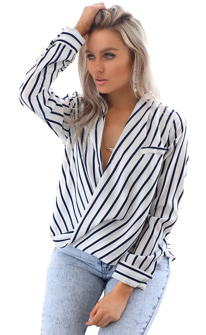 Women's Casual Striped Chiffon Blouses Loose Wrap Front Surplice Long Sleeves Shirt