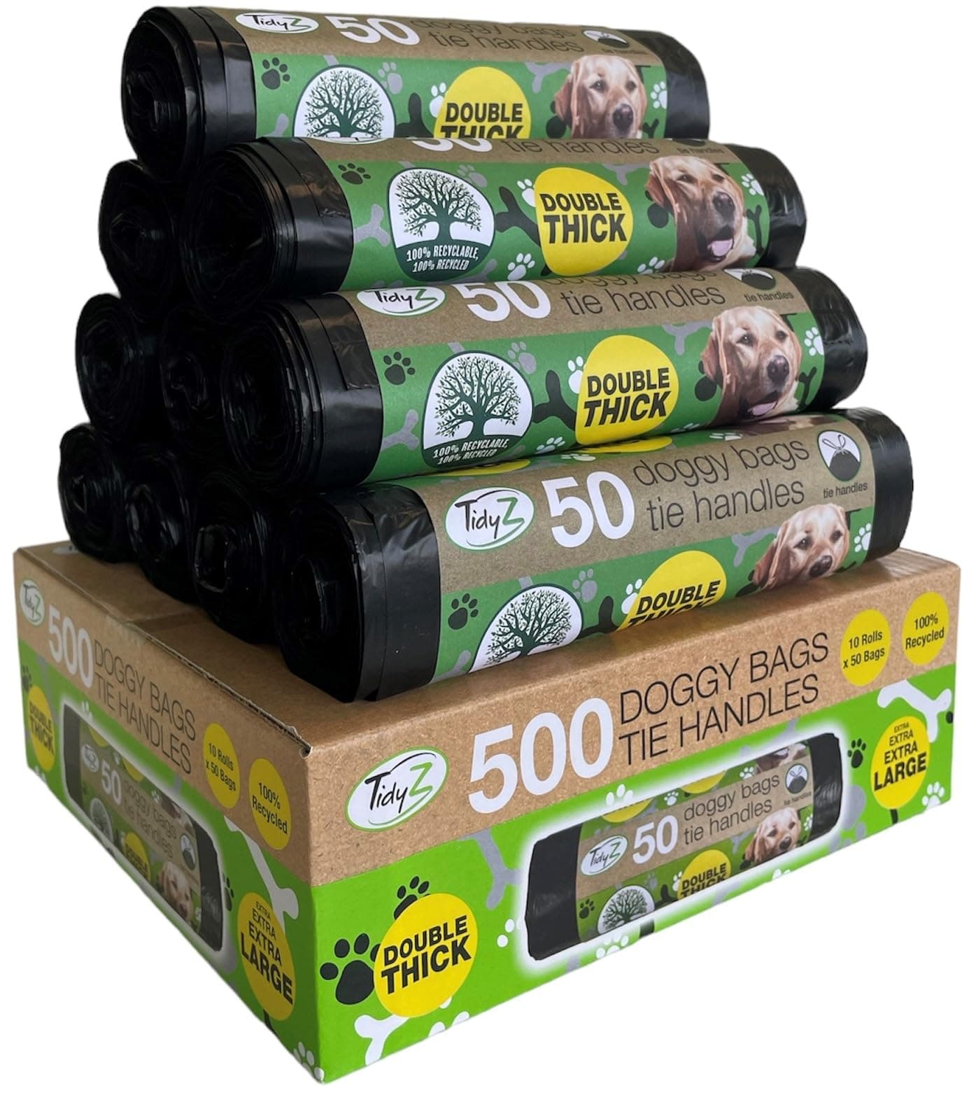 500 TidyZ Dog Poo Bags. Made from 100% Recycled Plastic. Extra Strong, 30 × 36 cm Extra Large Pet Waste Bags. Tie Handles. On a Roll. Unscented. Leakproof. 10 rolls of 50