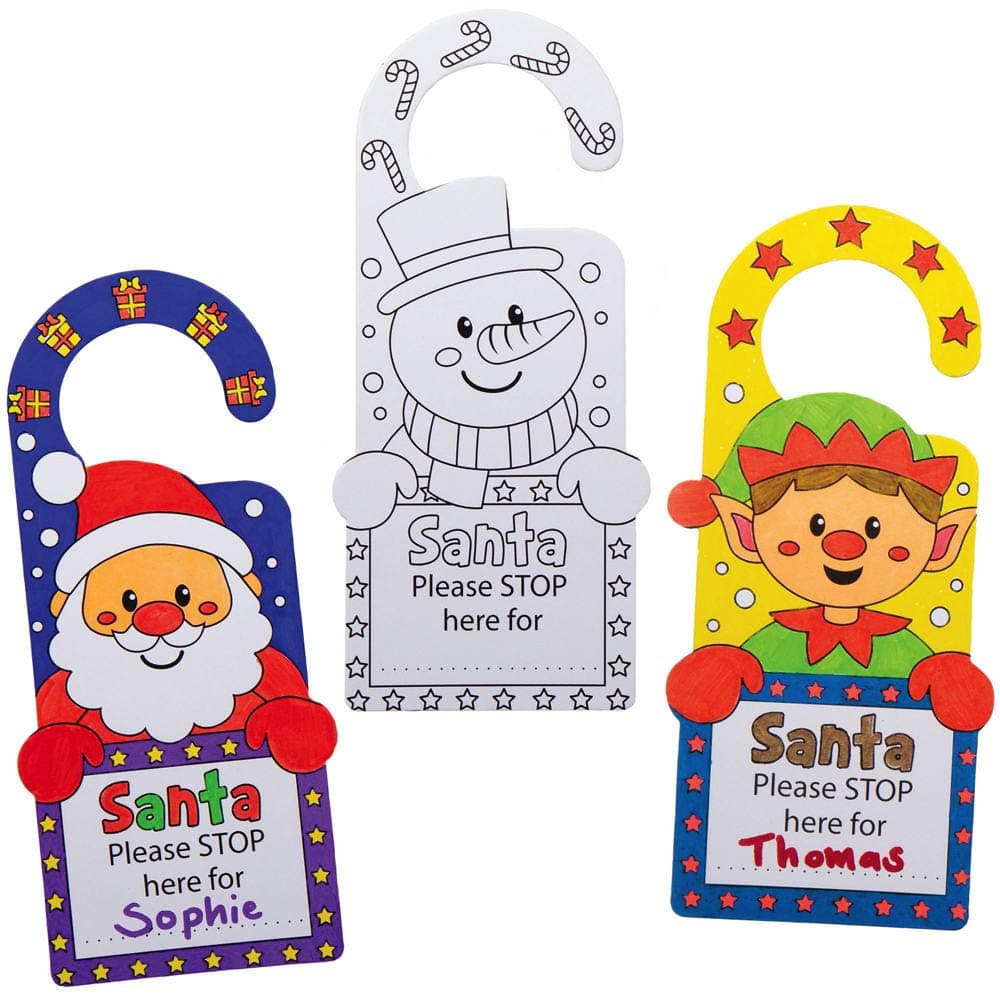 Baker Ross AX492 Santa Stop Here Colour In Door Hangers - Pack of 10, Christmas Door Hangers for Kids Arts and Crafts this Festive Season