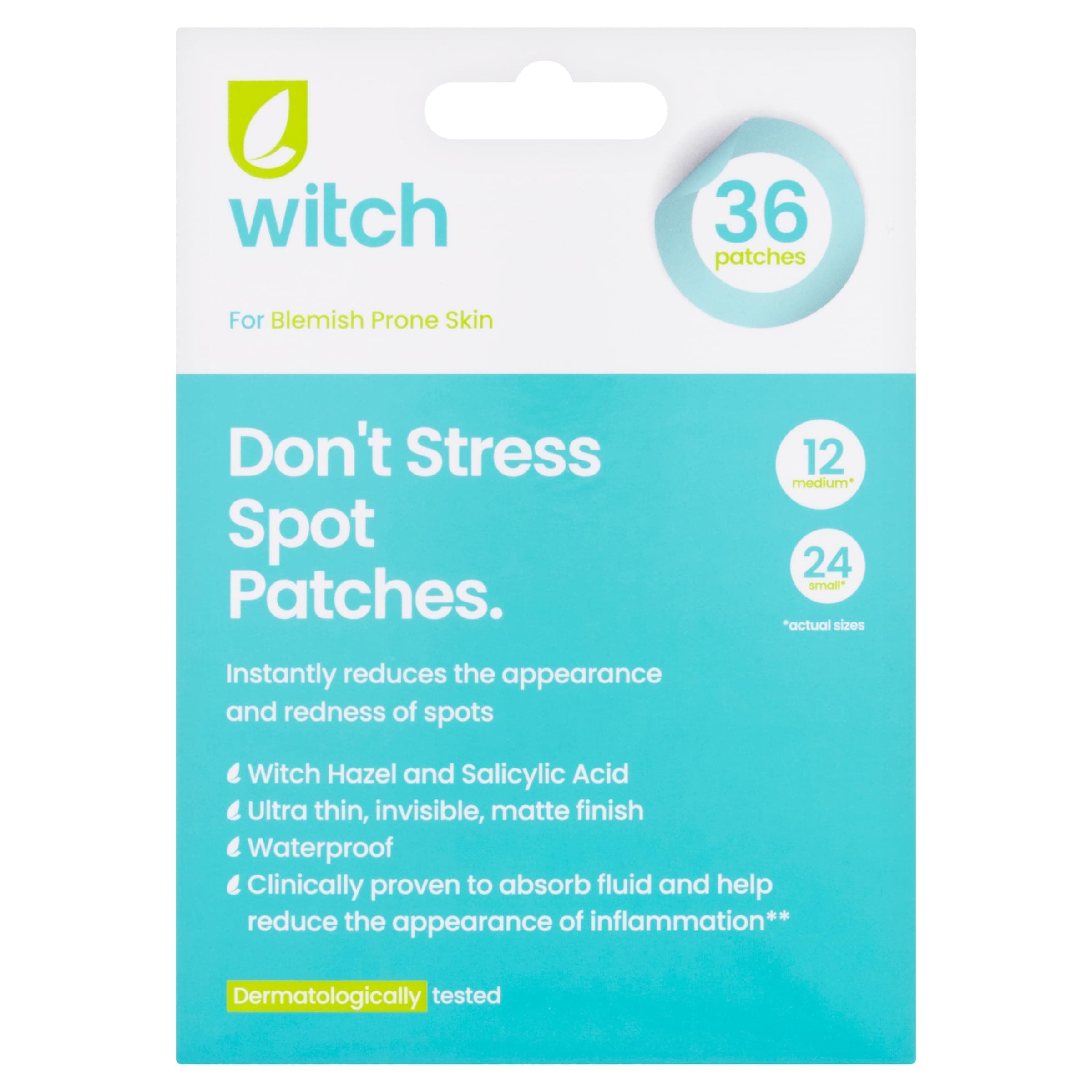 Witch Spot Patches - with Hydrocolloid; Salicylic Acid and Calming Witch Hazel to Promote Healing - Fast Acting - for Day and Night - 24 Medium - 12 Small Patches