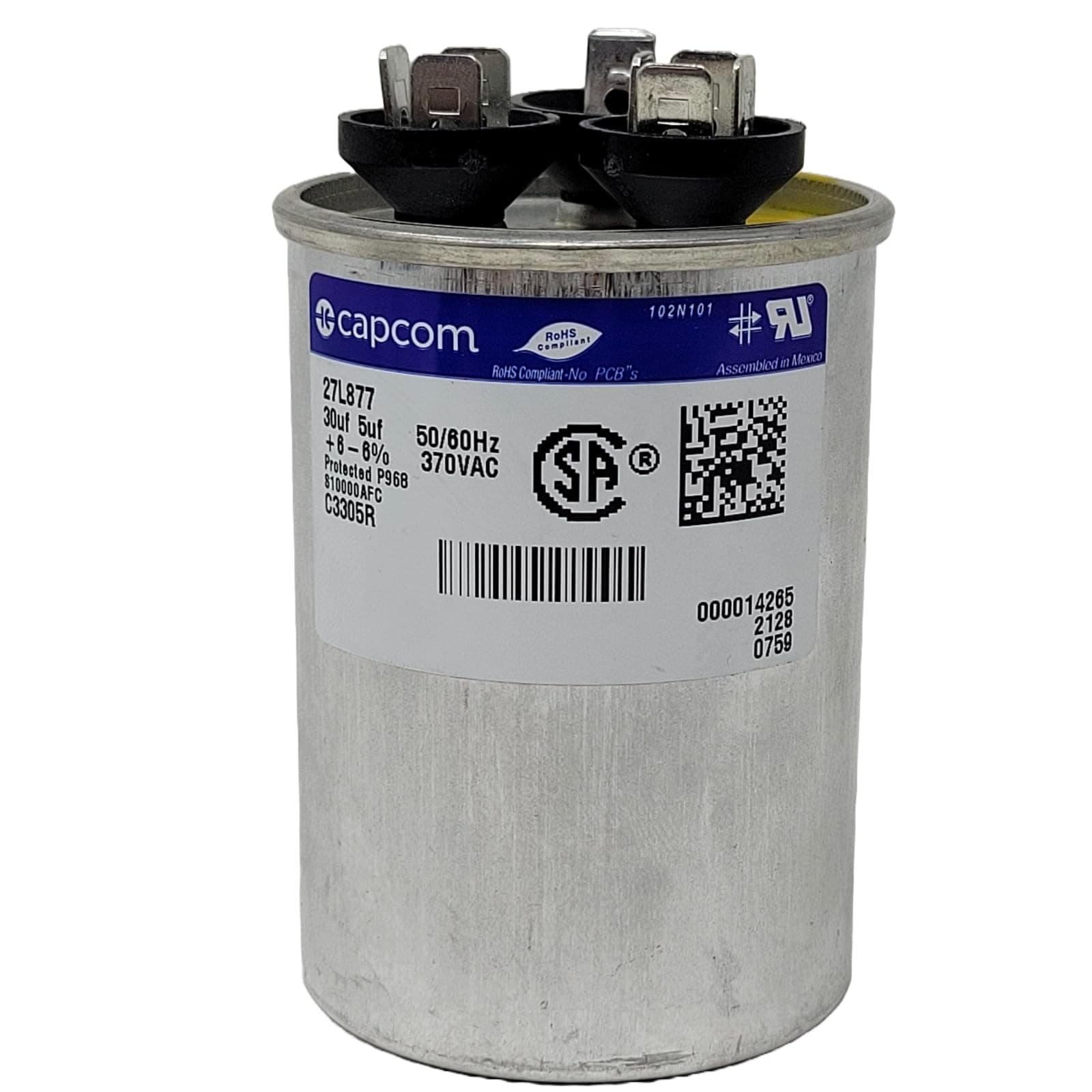 GE Genteq Replacement for Capacitor 30/5 uf 370 volt 97F9833, 370V, 30/5 MFD, Dual Run, Round Capacitor