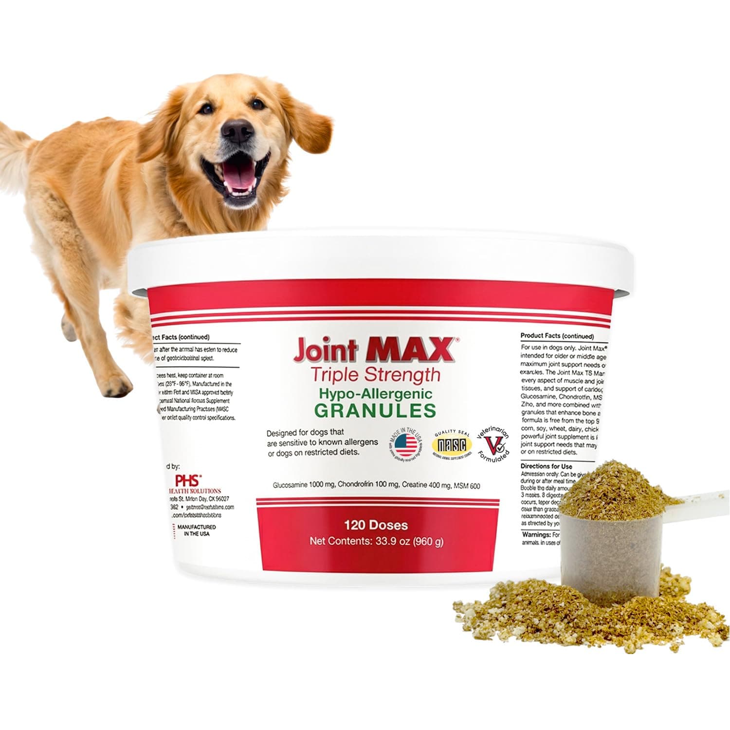 Triple Strength HA Granules for Dogs, Glucosamine, Chondroitin, Creatine, MSM and Antioxidants - Hip and Joint Support Supplement, 120 Doses