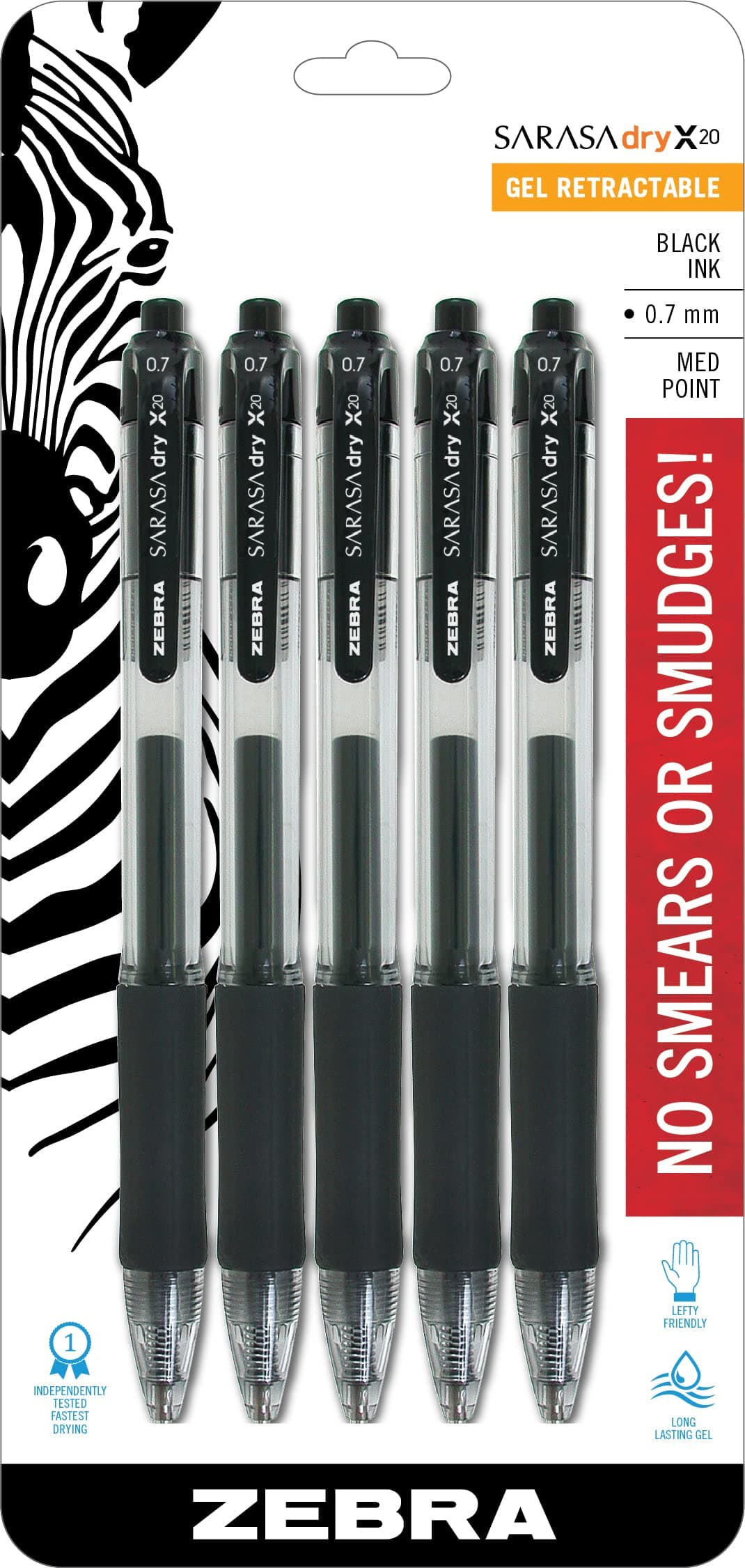 Sarasa Retractable Gel Ink Pens, Medium Point 0.7mm, Black Rapid Dry Ink, 5-Count