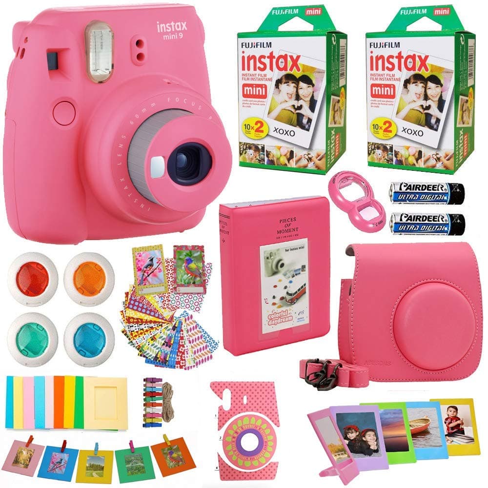 Fujifilm Instax Mini 9 Instant Camera Flamingo Pink + 2X Fuji Instax Film Twin Pack (40PK) +Pink Camera Case + Frames + Photo Album + 4 Color Filters More Top Accessories Bundle