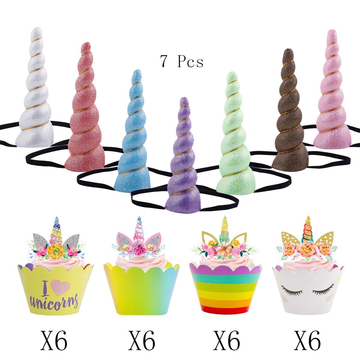 7 pcs Unicorn Horn Glitter Elastic Headband Spiral Unicorn Horn cosplay - 24 set Unicorn Cupcake Toppers, Magical Unicorn Horn,Children's Party Supplies
