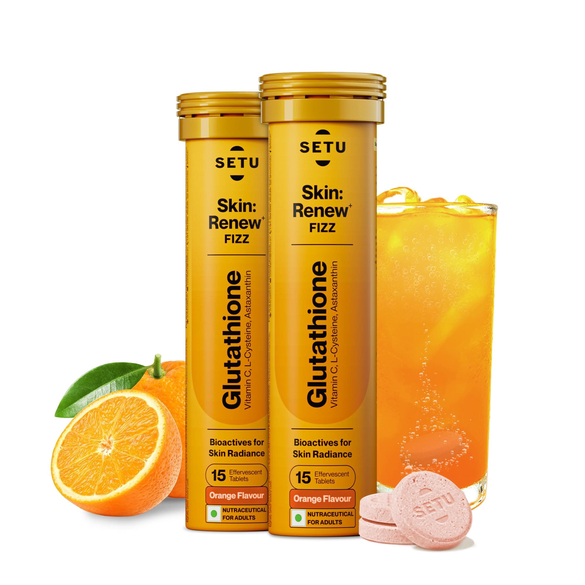 SETU Skin Renew, Glutathione with Vitamin C, Gluta Fizz, Supports Detoxification, Sugar-Free, Orange Flavour, 30 Effervescent Tablets