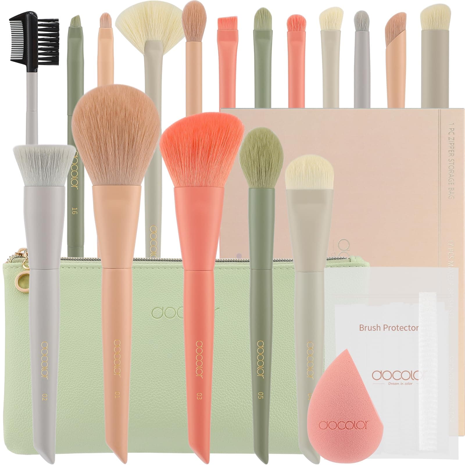 Docolor Makeup Brush Set 39 Pieces with Bag, Sponge and Storage Bag, Blender Sponge & Brush Protector