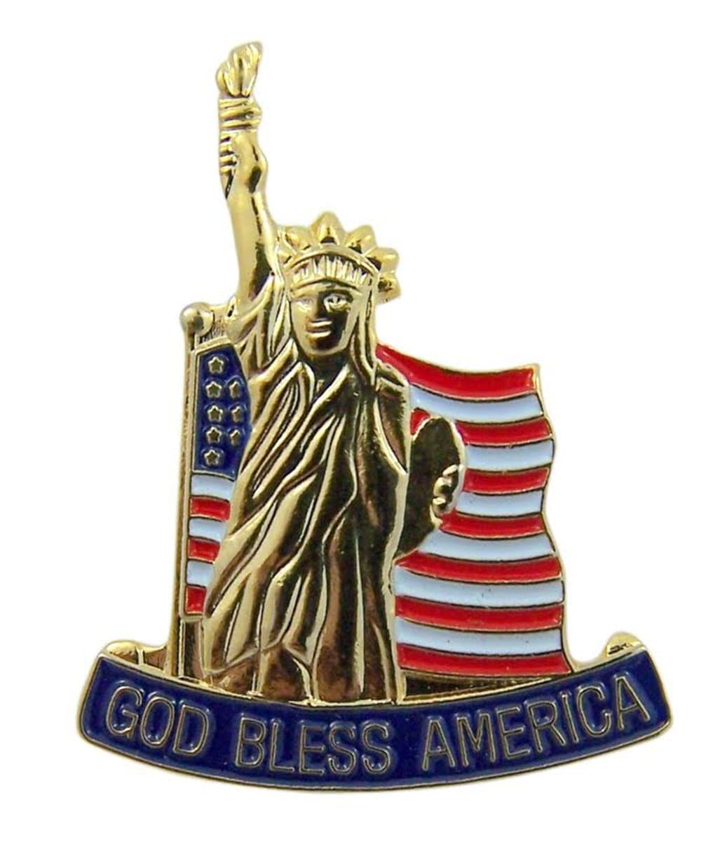 Gold Tone and Enamel God Bless America Statue of Libery with American Flag Lapel Pin, 1 1/4 Inch